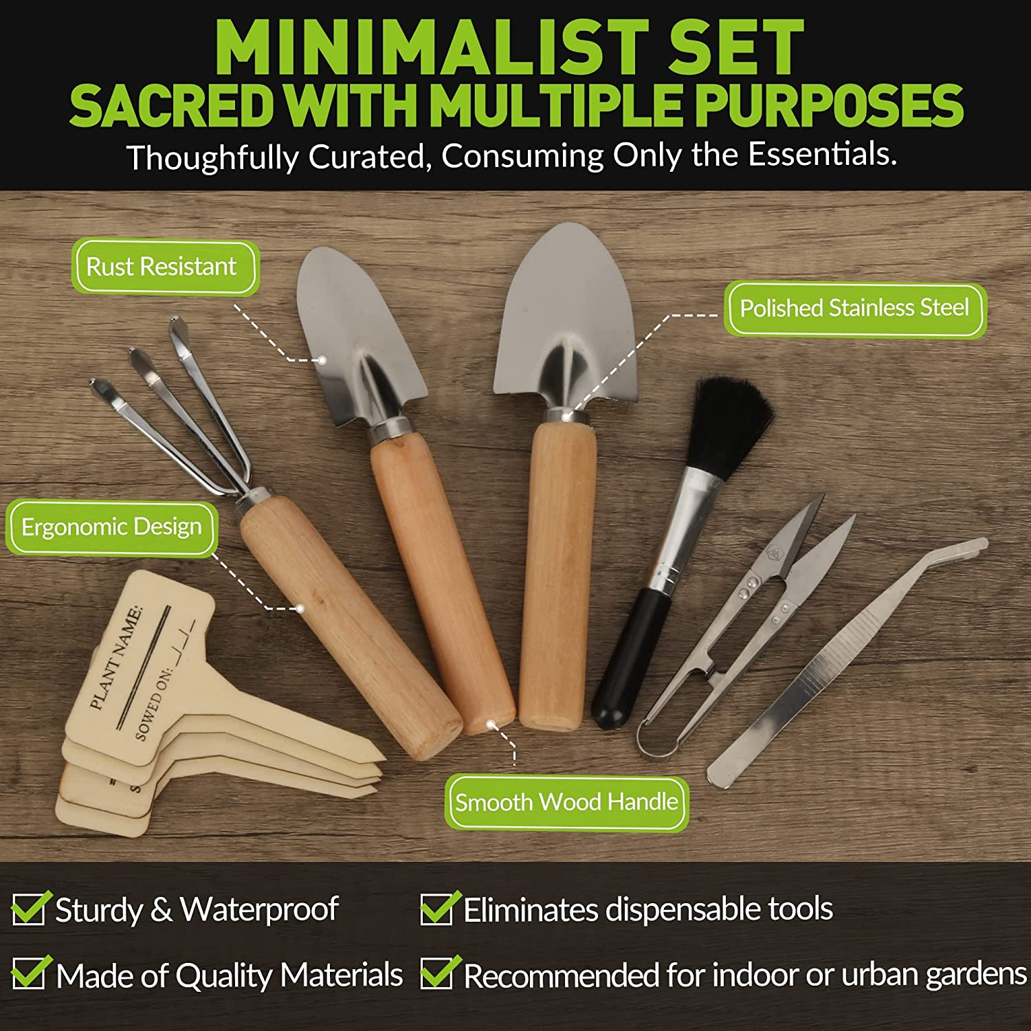 Kiizys Indoor Garden Tool Kit &ndash; 12-Piece Small Gardening Hand Tools Set &ndash; Wood & Stainless Steel &ndash; Gift Box Accessories &ndash; Birthday Gifts for Women, Men, Mums, House Warming image number 3