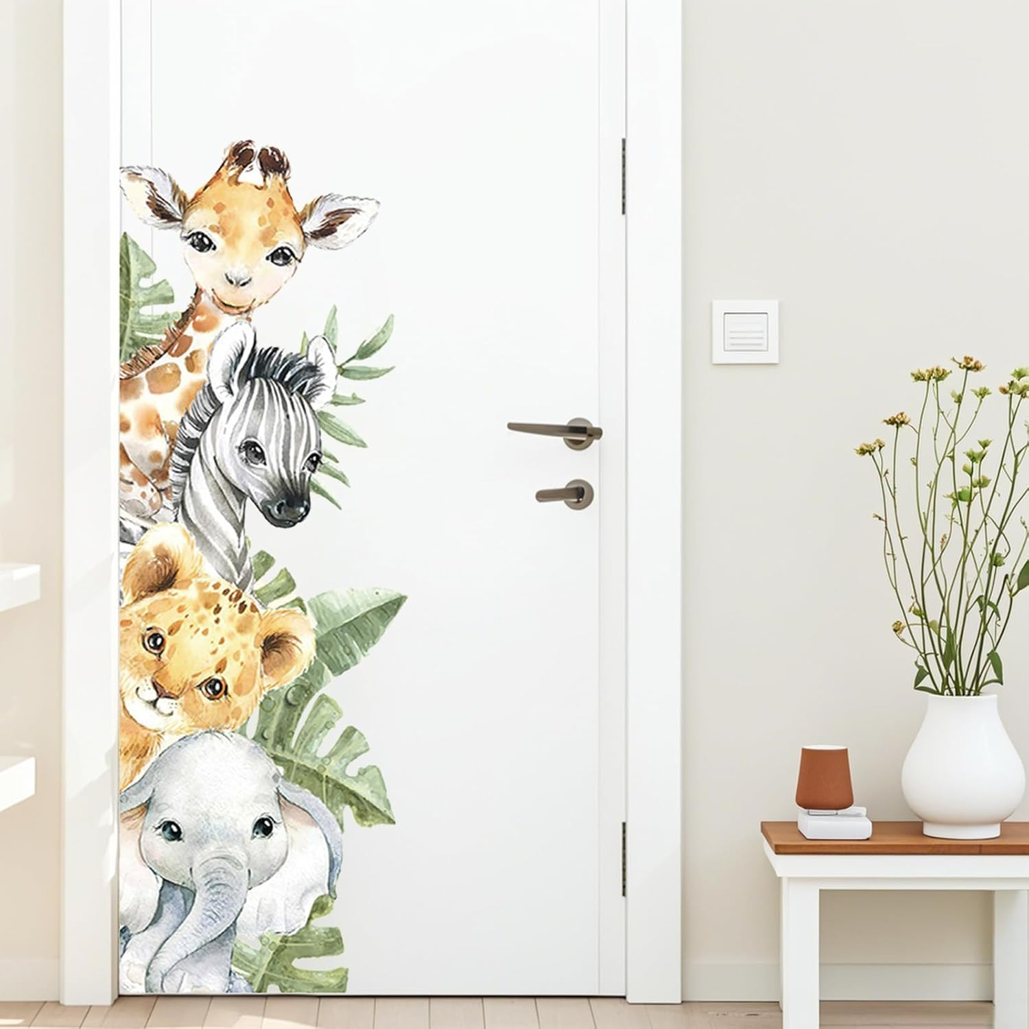 Jungle Animal Wall Stickers Wall Decals Cartoon Animal Giraffe Elephant Zebra Lion Safari Green Leaves Wall Decals for Kids Baby Nursery Bedroom Kindergarten Playroom image number 2