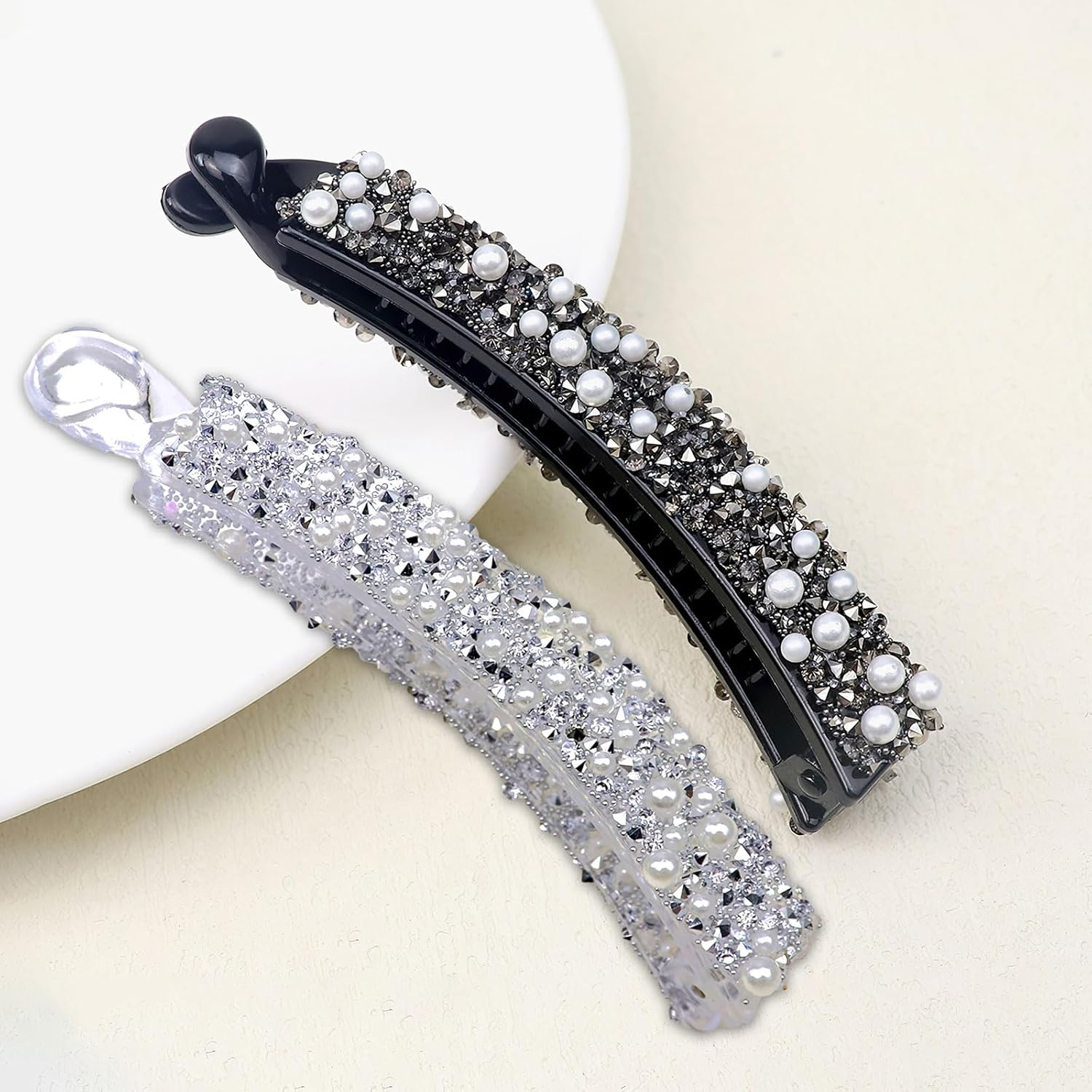 Pack of 2 Banana Clip Hair, Rhinestone Beads Banana Hair Clips, Banana Clip Thin Hair, Suitable for Women, Girls (Black + Silver) (Black + Silver) image number 4