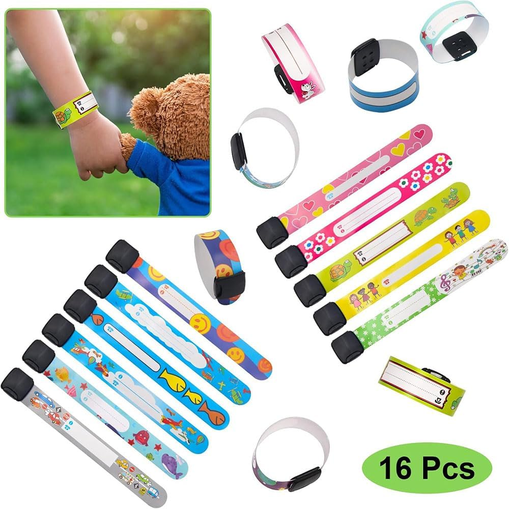 16 Pack Safety ID Wristbands, Reusable, Waterproof, anti Wandering Wristbands for Children with Contact Info Adjustable Travel ID Bracelets for School, Camp, and Outdoor Activities
