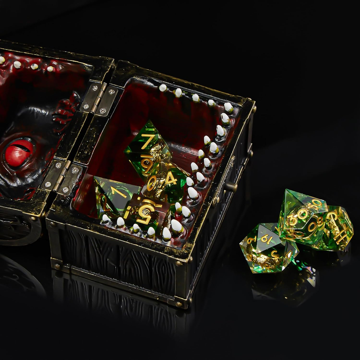 Role Dice DND Dice Set, Lord of the Rings Dice Set for Role Playing Dungeons and Dragons Ttrpg with Gift Box, 7Pcs Sharp Edge D&D Dice Handmade Resin Dice RPG Games Dice Set(Green) - Ring Green image number 2