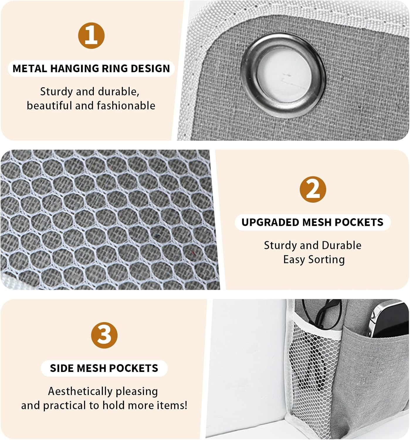 Calkkrer Pack of 2 Hanging Organisers, Grey, Wall Organiser with Pockets, Door Shelf, Fabric Hanging Storage for Bathroom, Bedroom, Office, Motorhome, Camping Storage