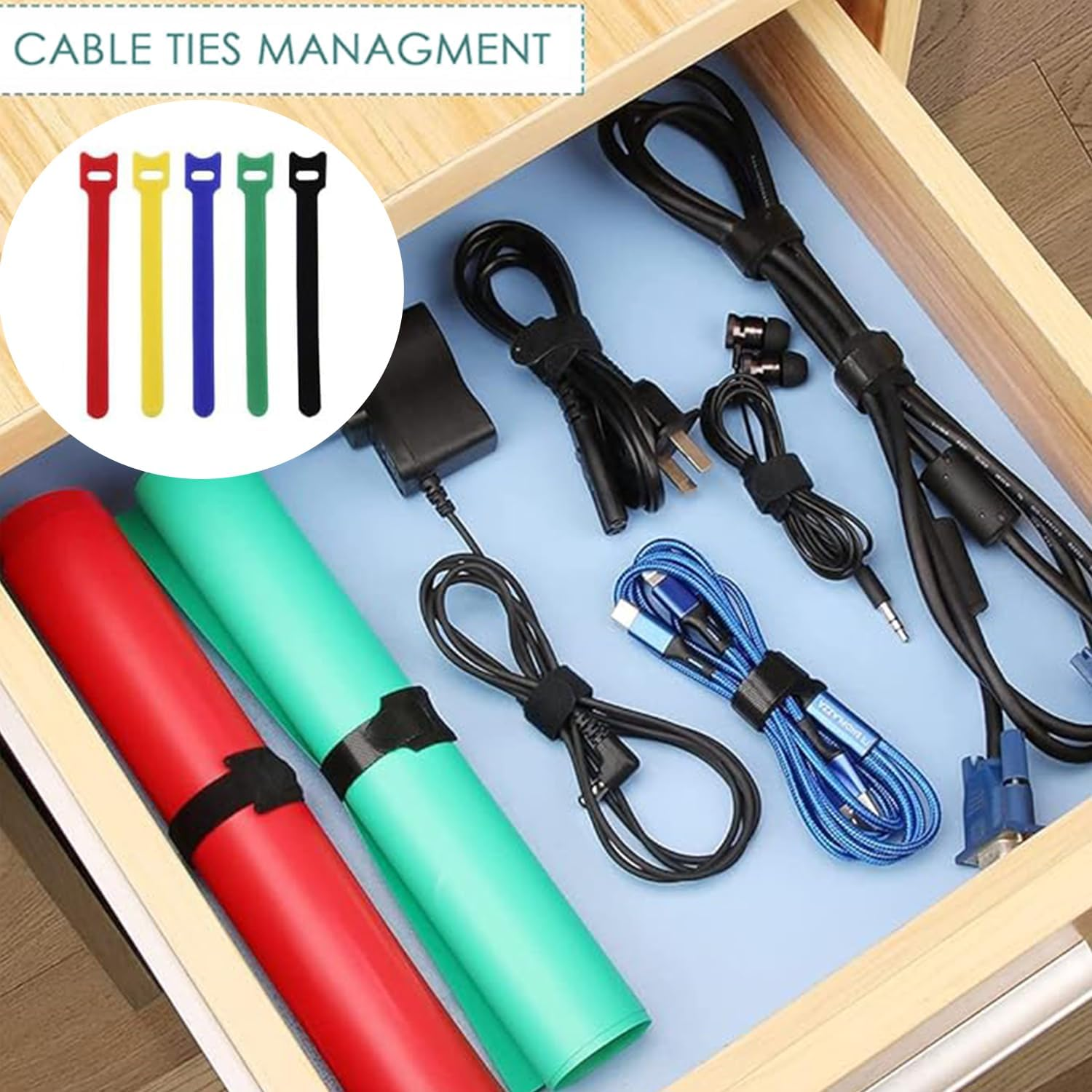 Roczential 100 Reusable Zip Ties | 5 Colors of Heavy-Duty Nylon Buckle Straps | Wires, Electronic Products PC、 Multi Purpose Fastening Strap for Headphones | Sturdy Hook and Loop Cable Organizer image number 6