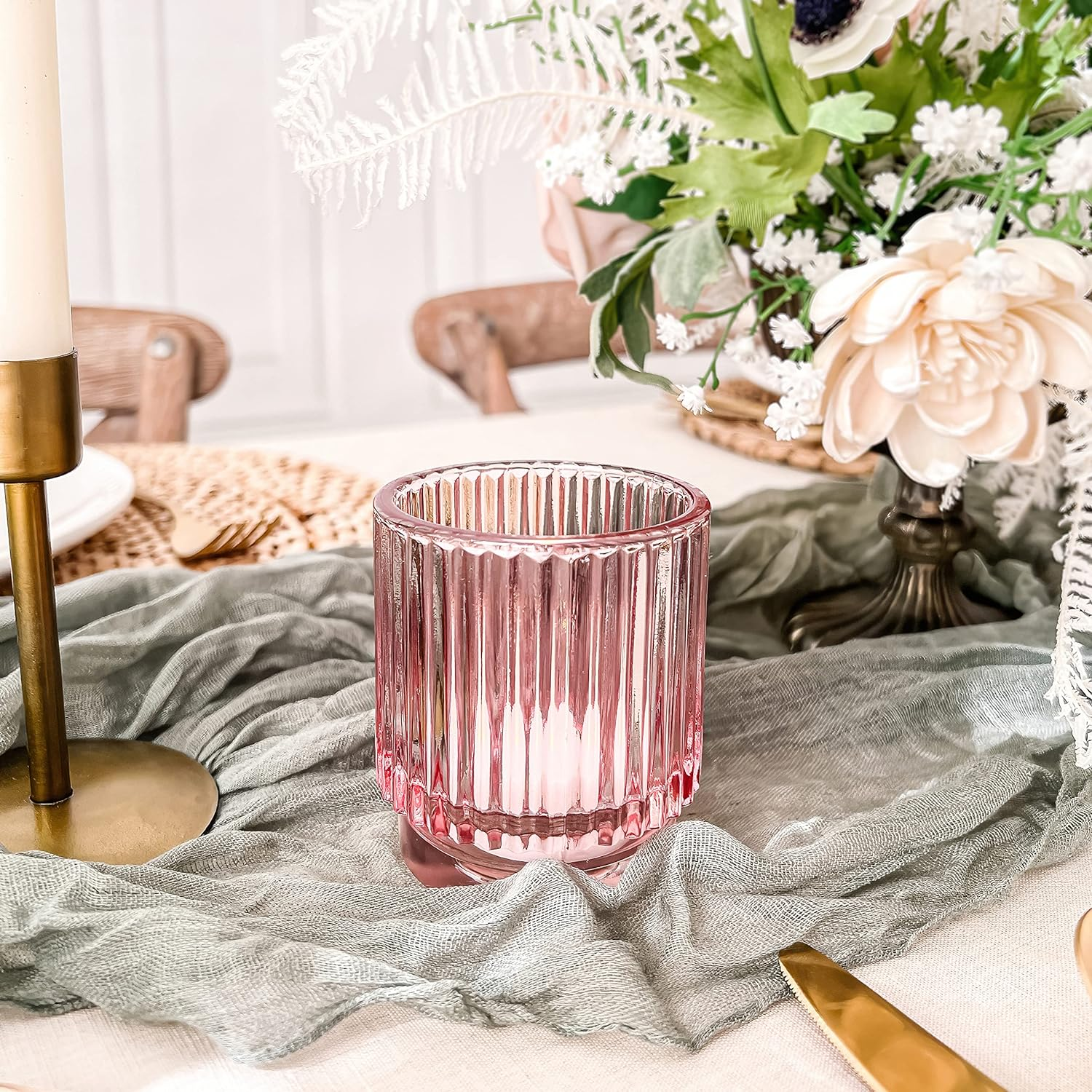 Kate Aspen Blush Pink Vintage Ribbed Glass Tealight Votive Candle Holders by (Set of 6), Pink Decor, Boho Decor, Shelf Decoration, Rose Gold Look | Perfect Hostess Gift image number 1