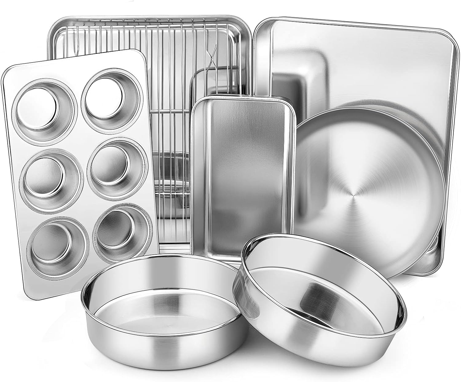 Toaster Oven Bakeware Set, E-Far 8-Piece Stainless Steel Small Baking Pan Set, Include 6-Inch Cake Pan/Rectangle Baking Pan/Cookie Sheet with Rack/Muffin/Loaf/Pizza Pan, Non-Toxic & Dishwasher Safe image number 3