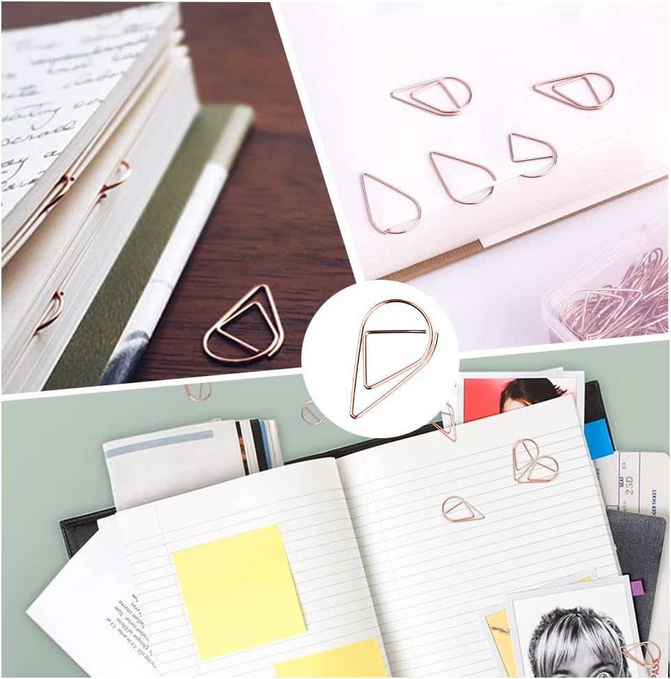 100 Pcs Small Rose Golden Paperclips Stainless Steel Waterdrop Shaped Paperclips Bookmarks Paper Clips Clamps for Memo Paper Photo 15 * 25Mm (Rose Gold) image number 3