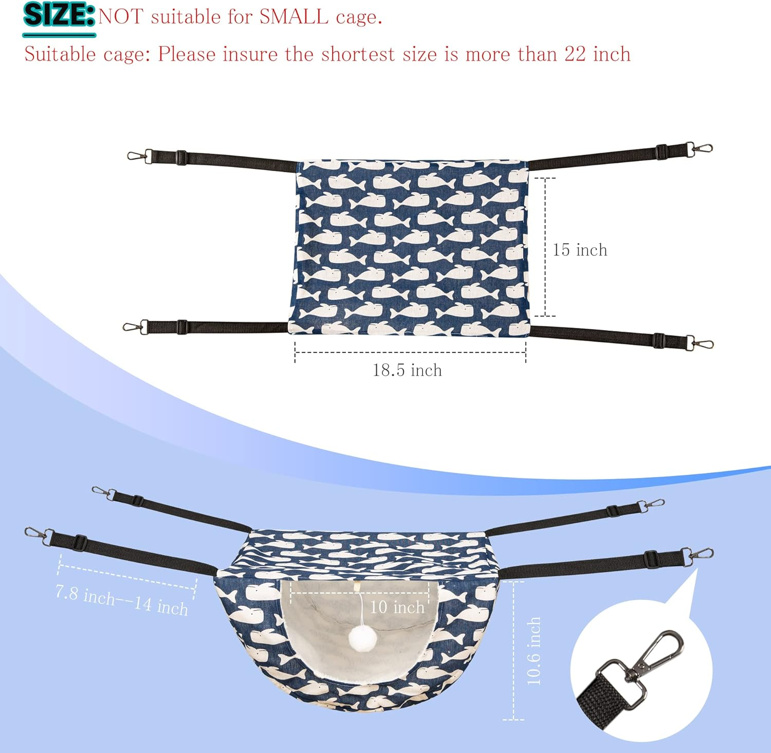 JSPYFITS Cat Cage Hammock with Ball,Double Layer Hanging Adjustable Soft Pet Bed Suit for Kitten Ferret Puppy Rabbit or Small Pet, 2 Level Indoor Bed for All Season(Blue Whale) image number 2