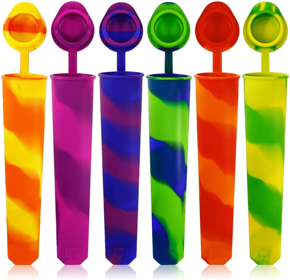 Worldtree Silicone Ice Pop Molds Set of 6, Mold Colored Rainbow Swirl Ice Popsicle Mold Maker with Attached Lids. (Asorted Color)