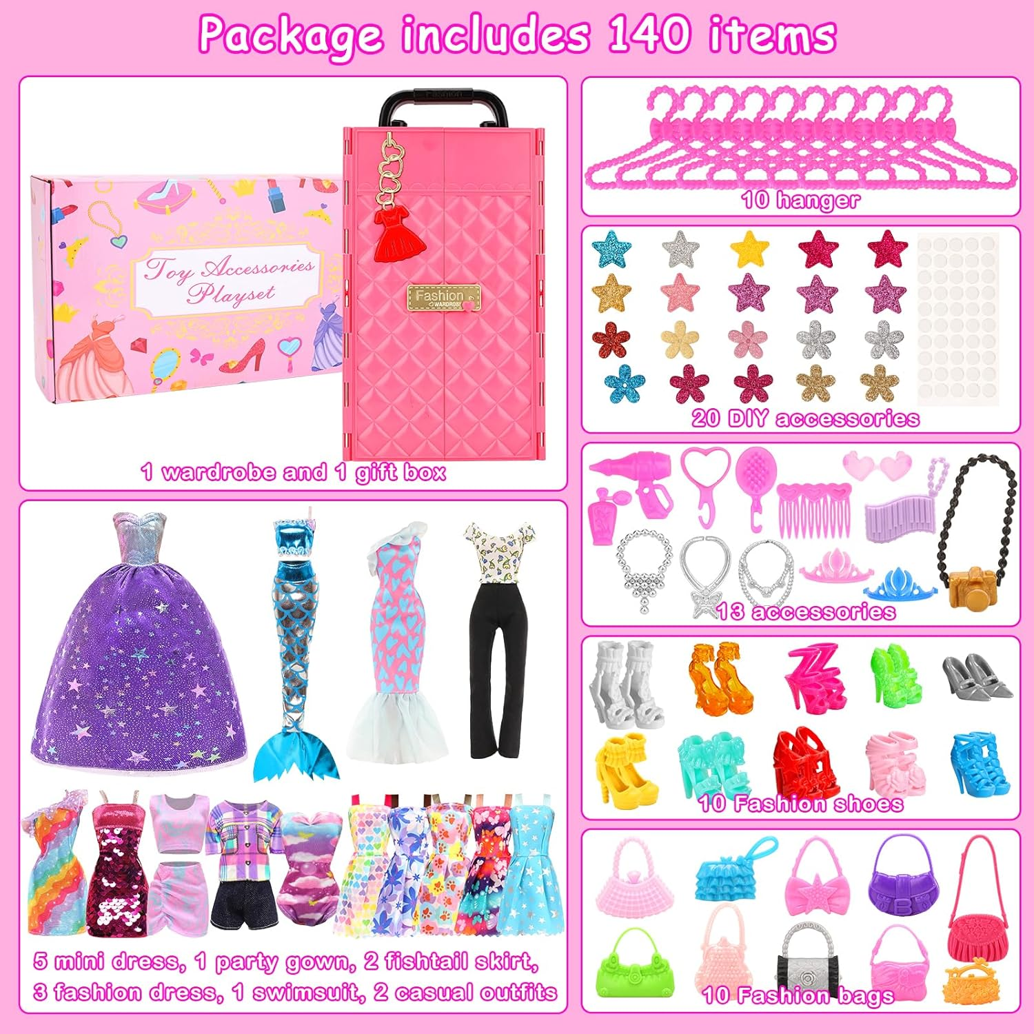 Barwa 127 Accessories for 11.5 Inch 28 - 30 CM Girl Doll: 1 Fashion Closet Wardrobe + 1 Shoe Rack + 14 Dresses Clothes + 10 Pcs Shoes + 101 Accessories image number 5