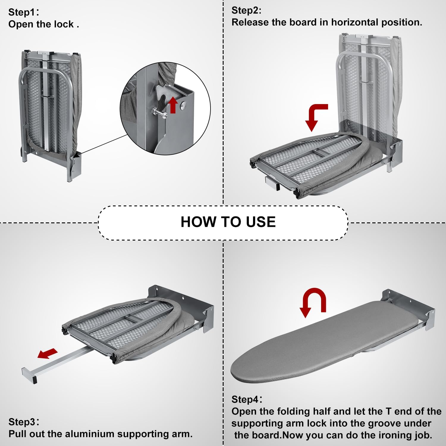Duwee Wall-Mounted Foldable Ironing Board, Retractable Ironing Boards with Heat Resistant Cover, Space-Saving Iron Table, Easy to Install, Hardware Included image number 5