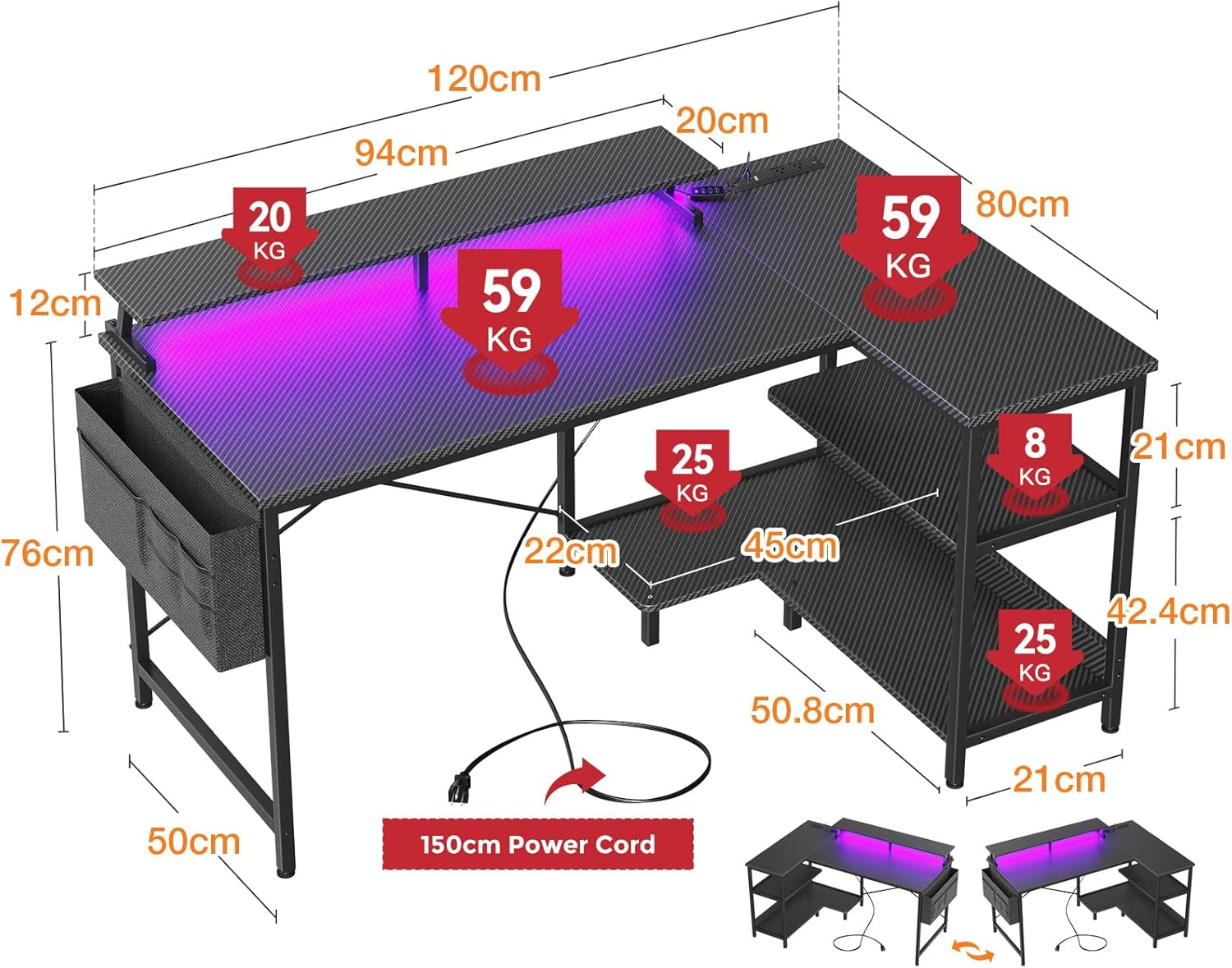 ODK Gaming Desk with Power Outlet&10 Color LED Light Strip, 120 * 80 * 87.7Cm, L Shaped Desk with Storage Bag and 2 Shelves, Computer Table with Monitor Stand, Carbon Black Fiber - White image number 6