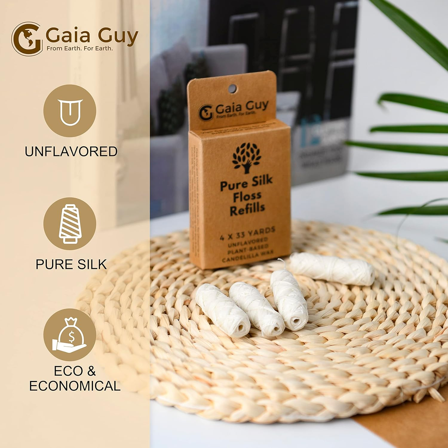 Gaia Guy Silk Dental Floss Refill | Unflavored Natural Silk | 4 Spools X 30 Meters | Compostable, Sustainable & Biodegradable Silk Flossing Thread & Eco-Friendly Packaging
