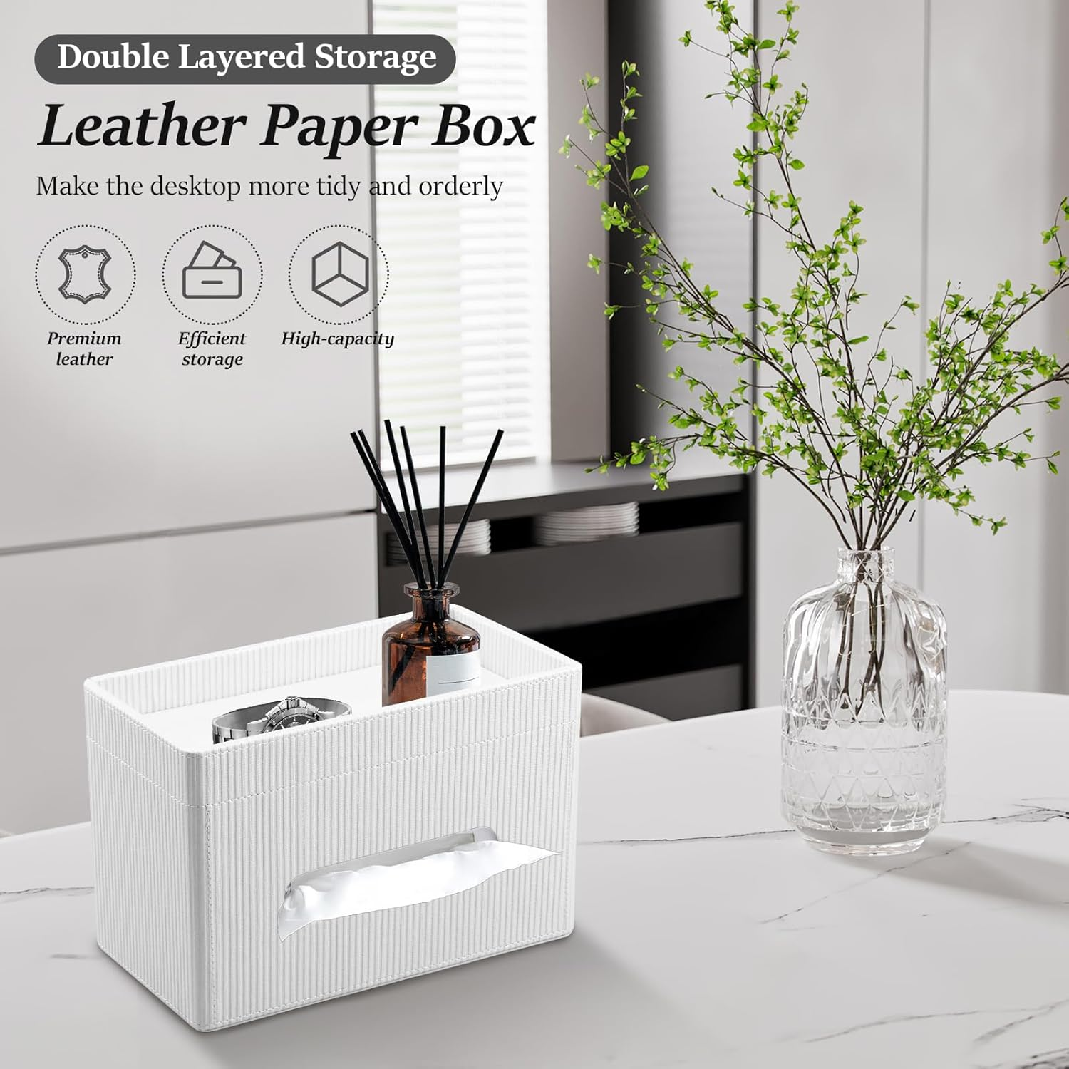 Tissue Box Cover, Rectangular Tissue Box Holder with Storage Tray, PU Leather Facial Paper Organizer, Stylish Napkin Dispenser for Desk Countertop Office Bathroom (White) - White image number 3
