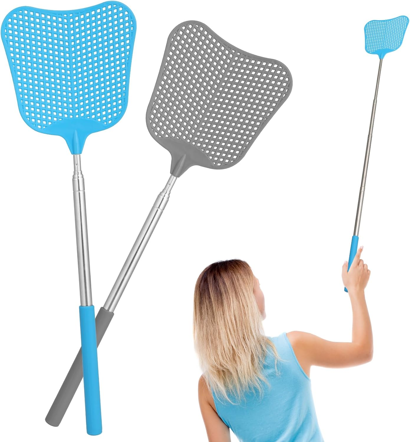 Geeric Telescopic Fly Swatters, 2PCS Plastic Extendable Fly Swatters Heavy Duty Set with Stainless Steel Handle for Indoor/Outdoor/Classroom/Office/Farm (Grey+Blue) image number 4