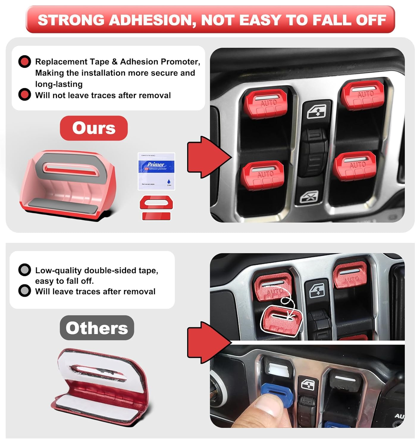 Fits for JL Jeep 4 PCS Upgrade Window Switch Button Cover Compatible with Jeep Wrangler JL JLU 2025 2024 2023 2022 2021 2020 2019 2018 & Gladiator JT 2020-2025 Interior Accessories(Bright Red) image number 4