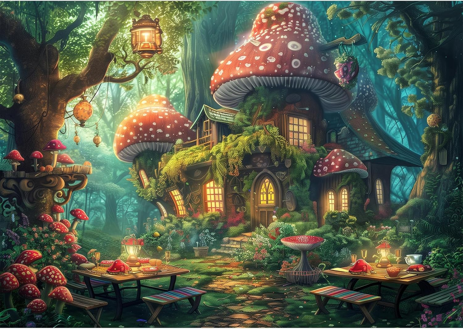 MISITU 1000 Pieces Jigsaw Puzzles for Adults Mushroom House Village Picnic Impossible Hard Difficult Challenging Teens Jigsaw Puzzle 70 X 50 Cm with Reference Poster image number 1