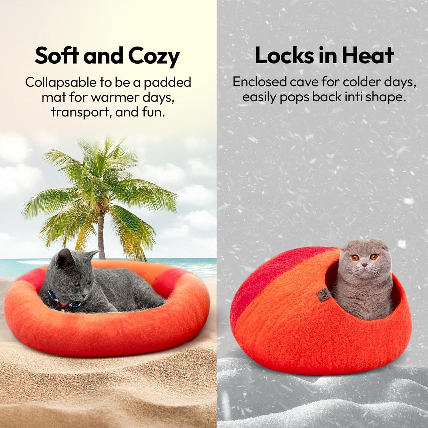 Eco Calming MOCHI Felt Cat Bed Cave (8 Designs) - Environmentally Friendly & Sustainable Handmade 100% Hypoallergenic Merino Wool Bed/House/Home/Pod/Cubby/Tent/Igloo for Cats, Kittens, Puppies and Small Dogs (Medium, Uluru)