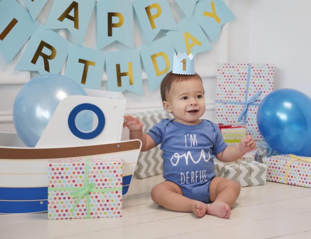 Baby Boys Birthday Crown - Birthday Blue Felt Hat,Birthday Hats for Kids, Boys 1St Birthday Crown, Small image number 1