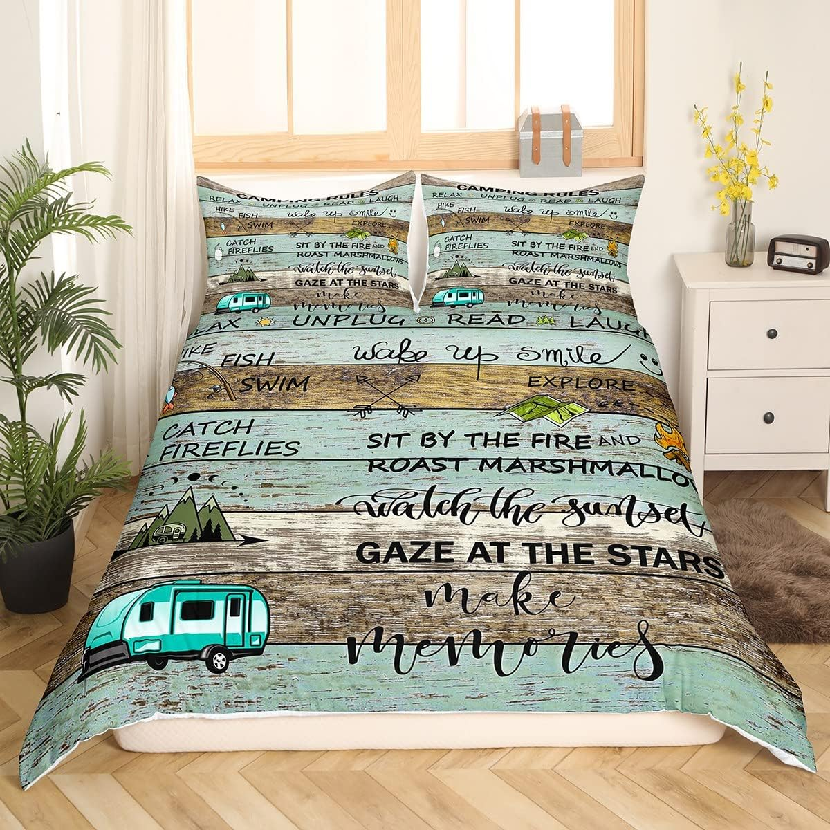 Camper Bedding Set 155 X 220 Cm for Children - Rustic Cabin Camping Duvet Cover, Colourful Striped in Country House Style - Vintage Wooden Board Happy Camping Decoration