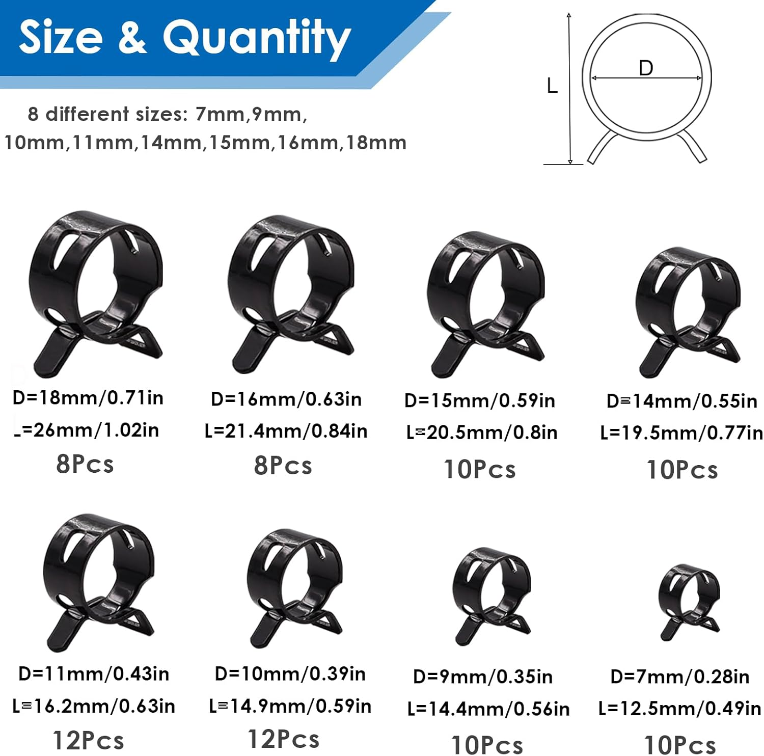 Tnisesm 80Pcs Spring Band Hose Clamps Assortment Silicone Vacuum Hose Pipe Clamp 7Mm 9Mm 10Mm 11Mm 14Mm 15Mm 16Mm 18Mm Low Pressure Air Clip Clamp(Black) image number 5