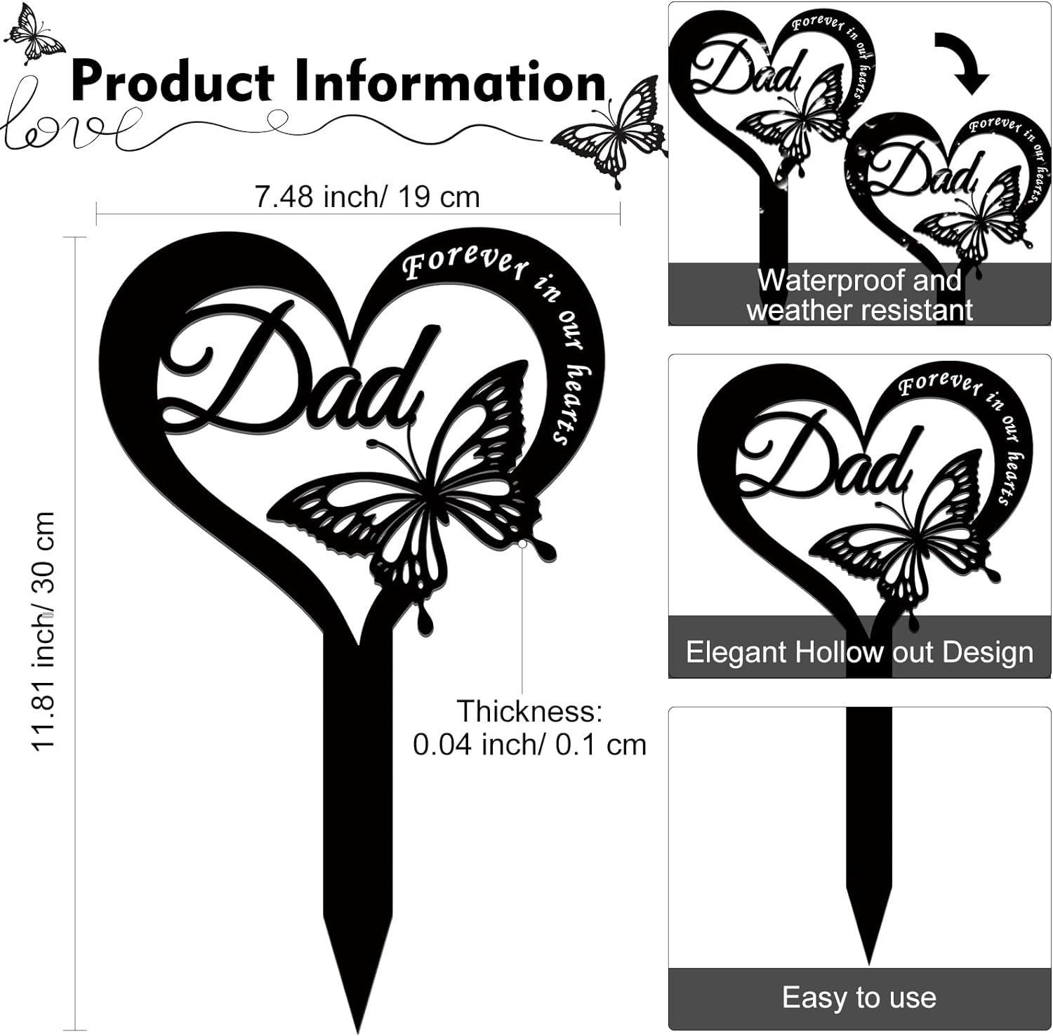 Wesiti Metal Grave Marker Dad Memorial Garden Stake Butterfly Remembrance Plaque Waterproof Sympathy Grave Stake for Loss of Father Outdoors Cemetery image number 3