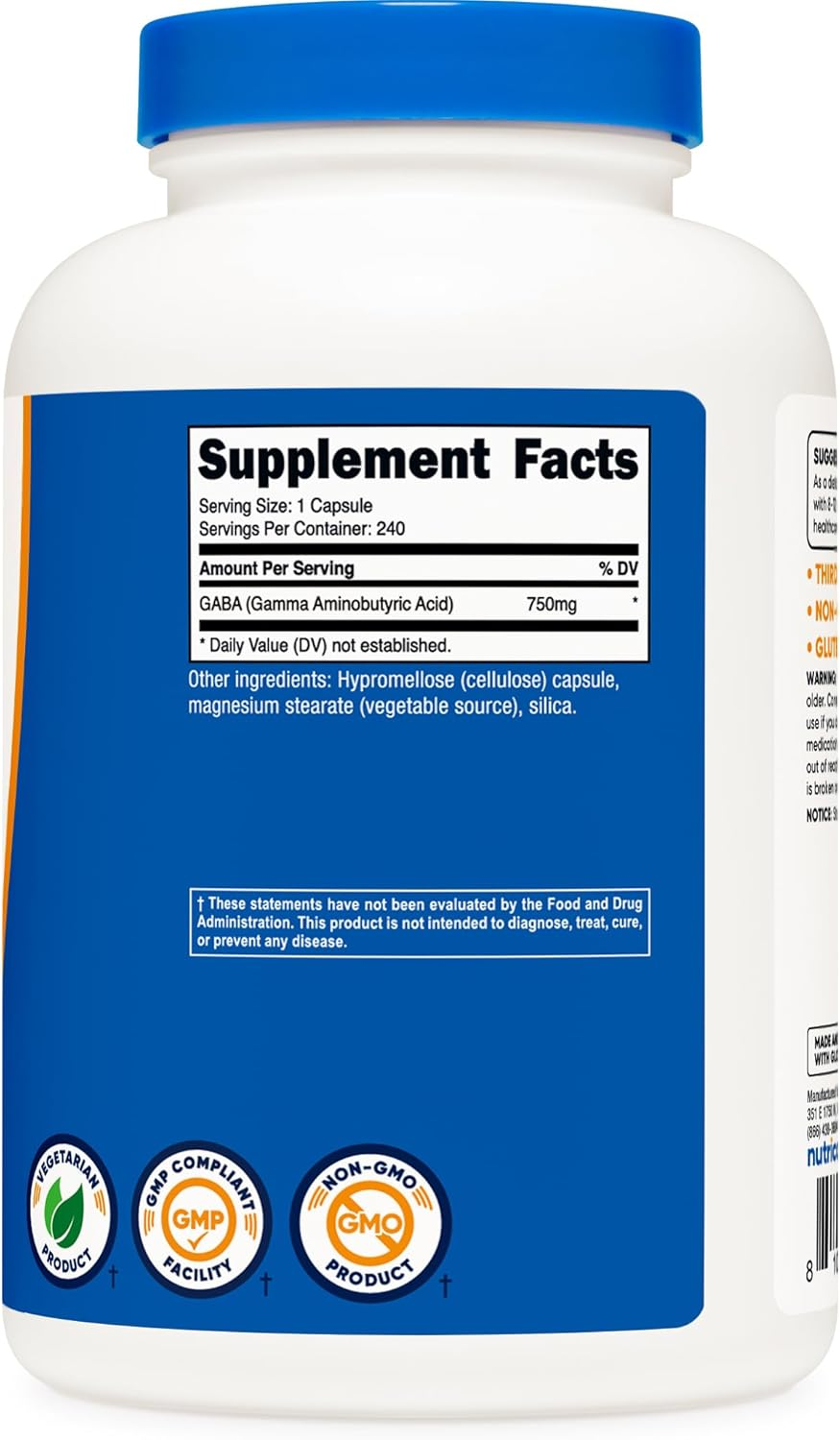 Nutricost GABA (Gamma Aminobutyric Acid) 750Mg, 240 Capsules - Non-Gmo, Gluten Free image number 1