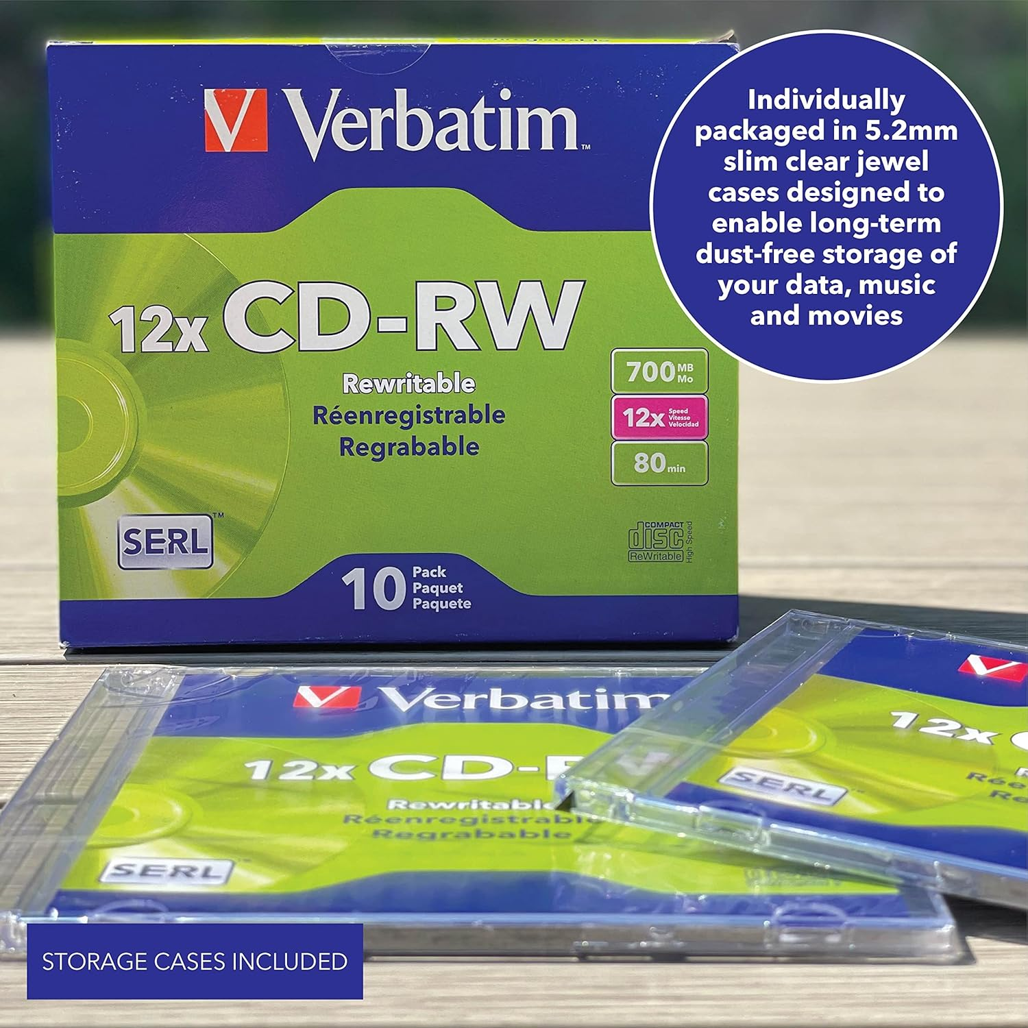 Verbatim CD-RW 700MB 2X-12X Rewritable Media Disc - 10 Pack Slim Case, Silver - 95156