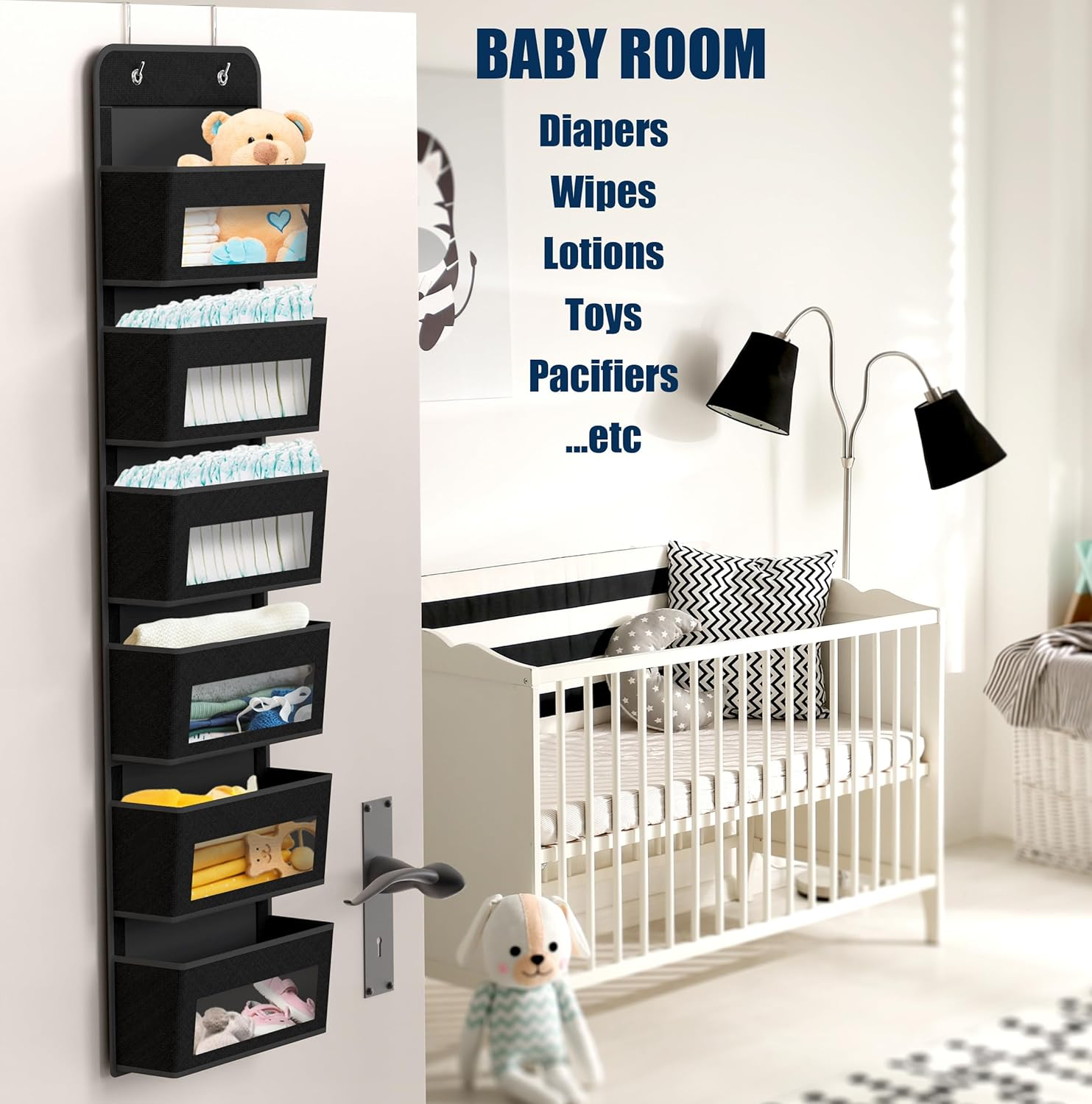 Simple Houseware 6 Pockets over the Door Storage Hanging Organiser with Clear Window, Black image number 1