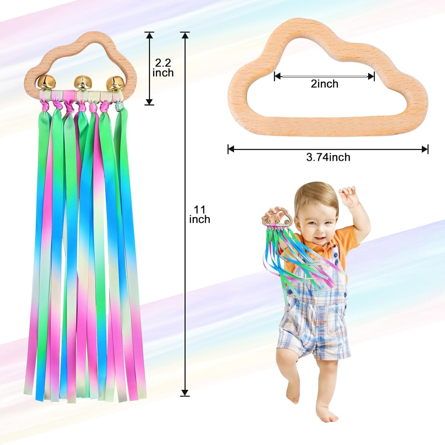 Baby Sensory Ribbon Ring Toys - 2Pcs Rainbow Ribbon Rattle Natural Wooden Ribbon Ring, Sensory Montessori Toy for 3+ Month Babies Toddler (Multicolor) - Multicolor image number 2
