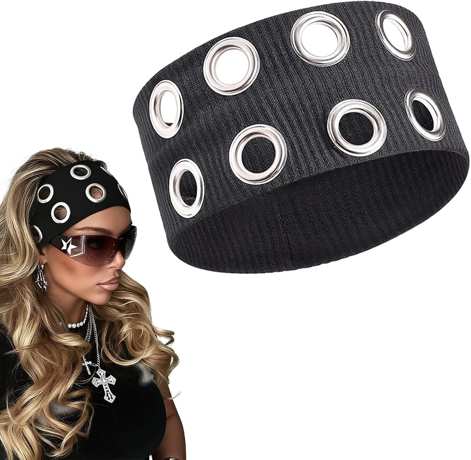 Frauen Hohle &Ouml;sen Elastisches Stirnband Y2K Girls Punk Grunge Wide Hairbands Stretch Casual Hair Accessory image number 2