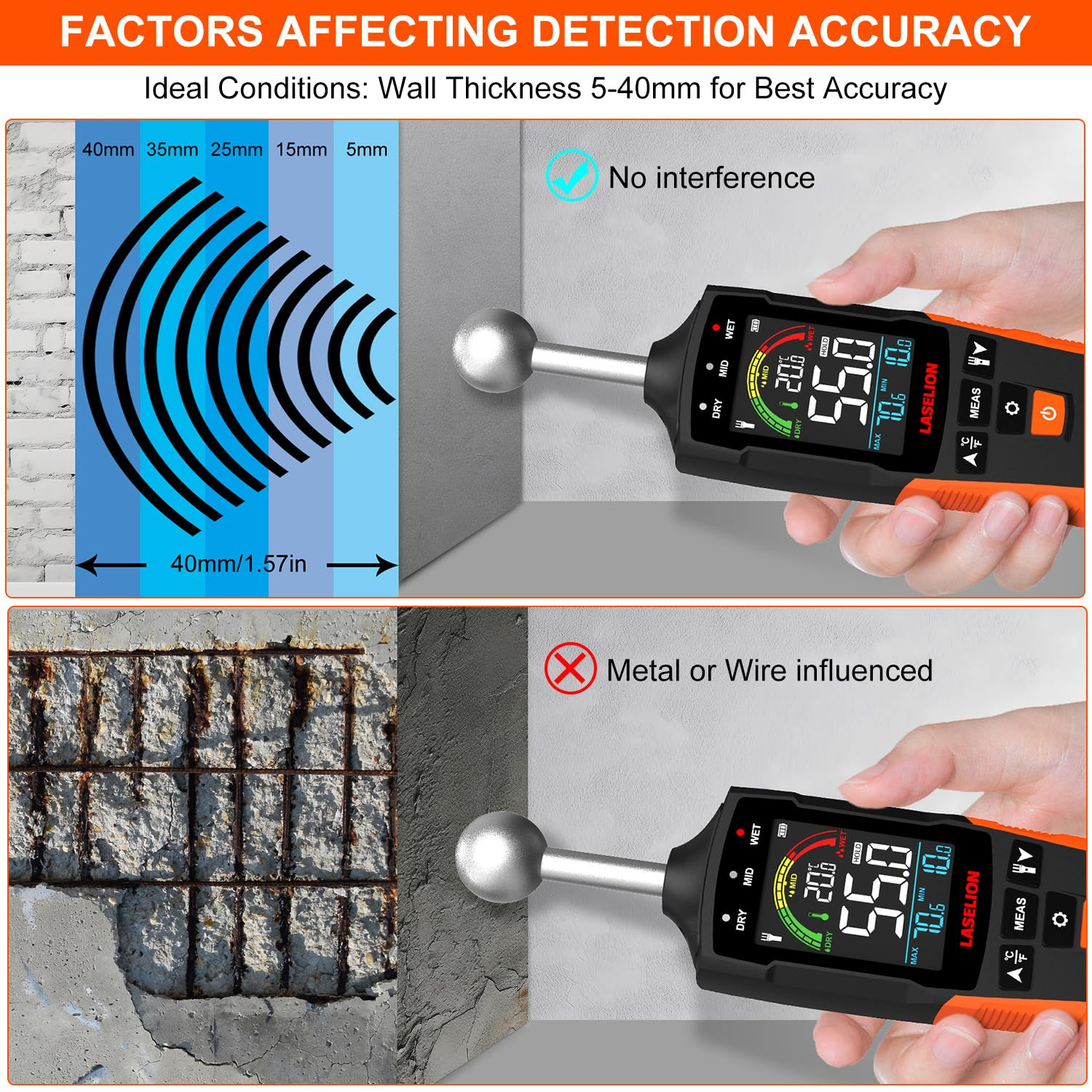 LASELION MS04 Pinless Moisture Meter with Ball Probe for Non-Destructive Area Scans Ideal for Wood Walls and Construction Materials Customizable Humidity Alarms Built-In Flashlight image number 2