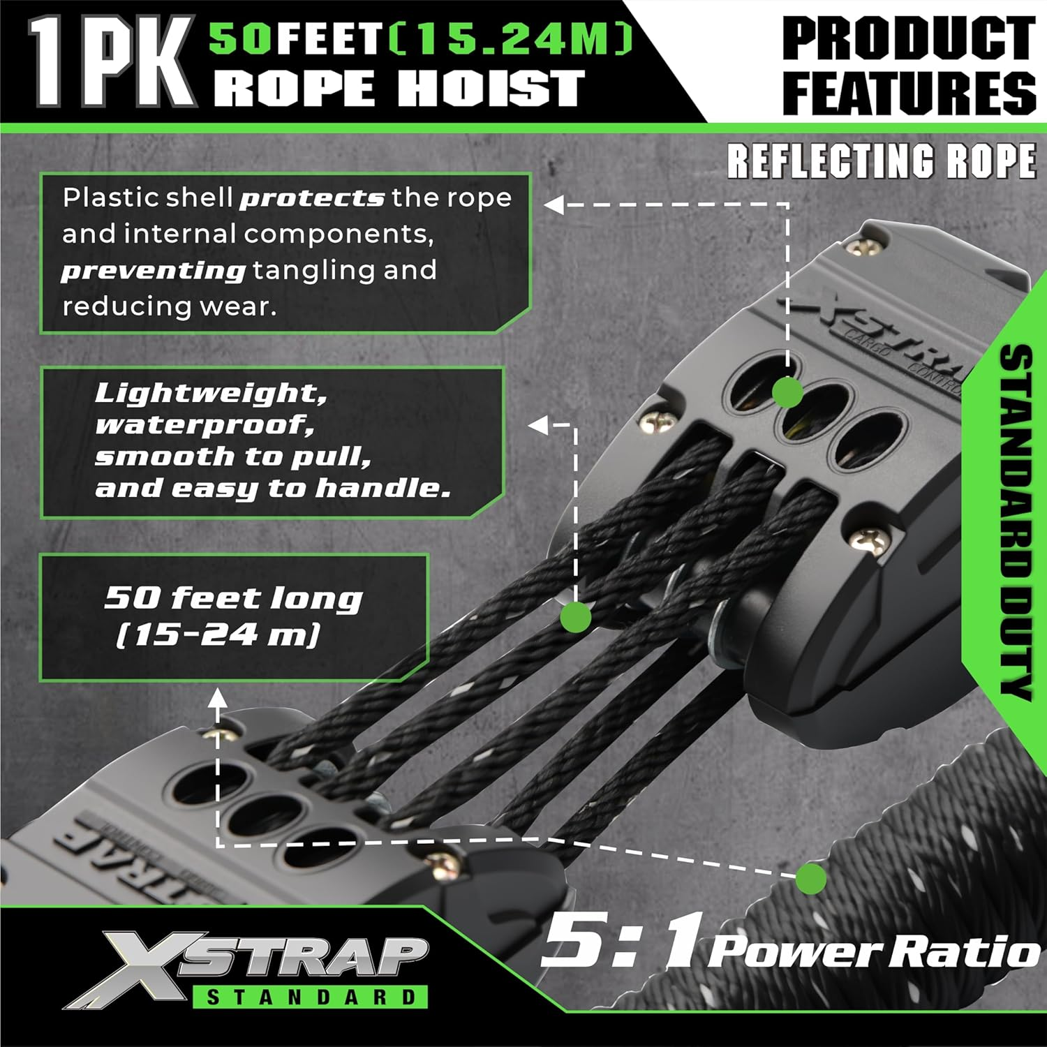 XSTRAP Standard Heavy-Duty 2,000LB Reflective Rope Hoist Pulley 50 Feet Wheel Block and Tackle System with 2PK 18 Inch Soft Loops for Animal Husbandry, Garage, Warehouse, Constructions image number 1