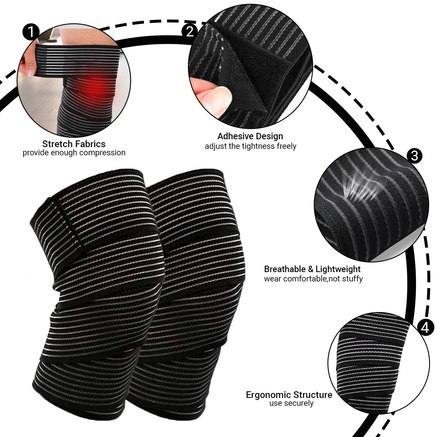 JOWILIN Elastic Knee Wraps, 1 Pair 72'' Extra-Long Compression Bandage Knee Brace, Sport Knee Support for Leg, Gym Workouts, Weightlifting, Squat, for Joint Pain, Stabilising Ligaments for Unisex