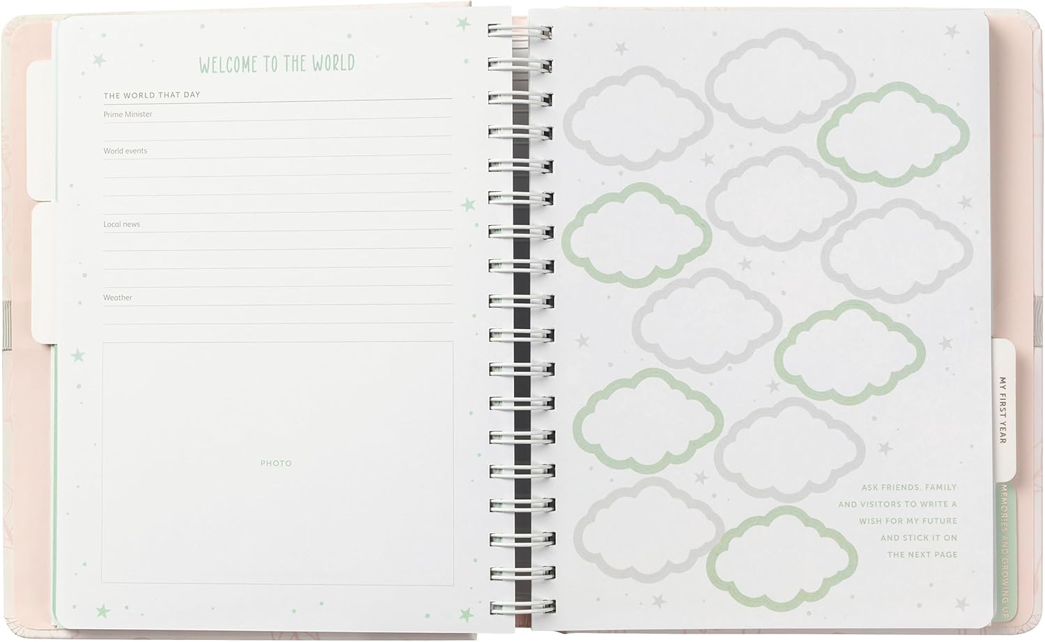 Busy B Pink Baby Journal - Spiral-Bound with Ribbon Closure and Four Tabbed Scetions for Photos. Milestones and Memories, Four Handy Pockets for Storing Keepsakes and Stickers - FSC&reg; Certified - Pink image number 6