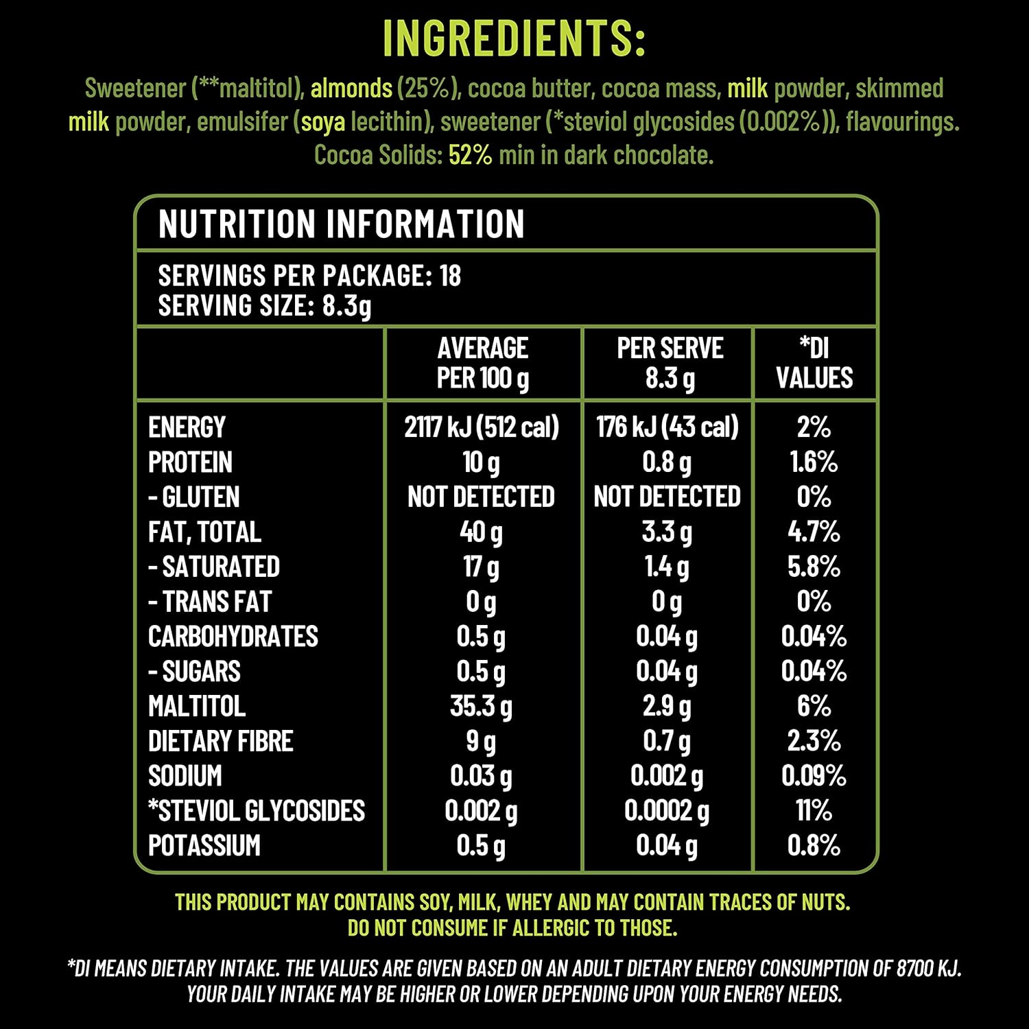 Sugarless Confetionery Dark Chocolate & Almond with Stevia 150G image number 4