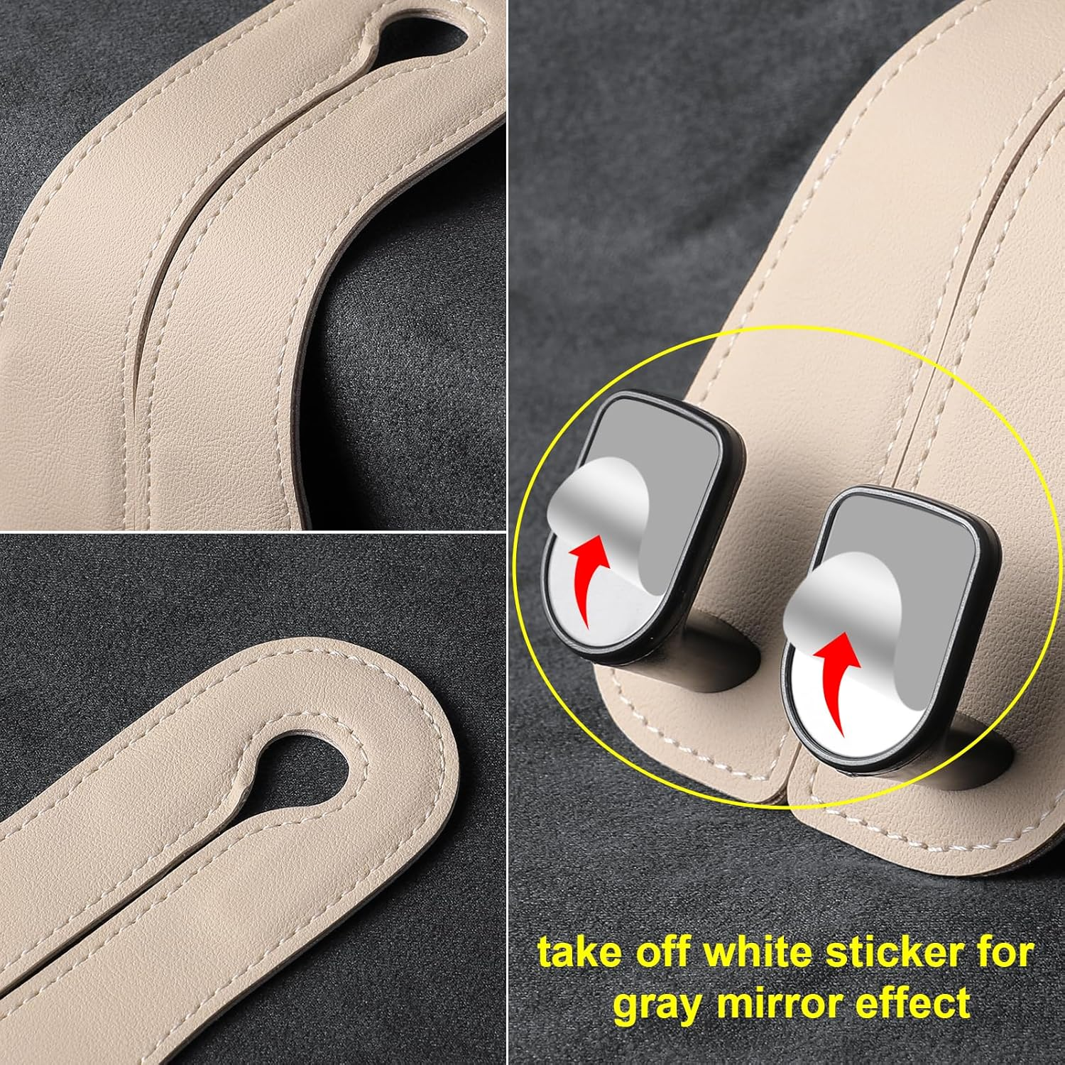 2 Pack KAFANLIN Car Headrest Hooks for Purses and Bags Cute Leather Car Seat Back Head Rest Double Hooks for Bags Cute Pink Beige Car Accessories Headrest Back Seat Handbags Hook (Black 2 Pack) - Kafanlin Gray 2 Pack image number 5