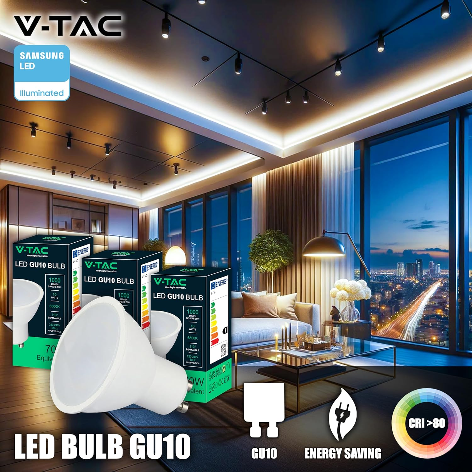 V-TAC 3 X GU10-10W LED Bulbs High Brightness (70W Equivalent) - 1000 Lumens - LED Spot GU10 for Maximum Efficiency and Energy Saving - Cool White 6500K