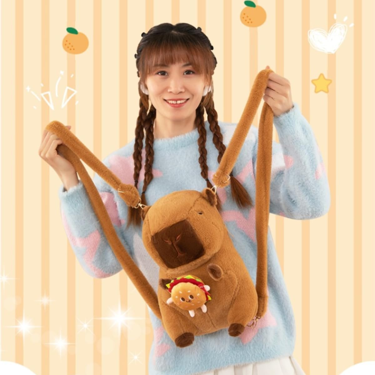 Knictto Y2K Kawaii Capybara Plush with Burger Fries Backpack for Women Funny Fuzzy Animal Travel Bag Casual Daypack for Gift - Pink Flower image number 6