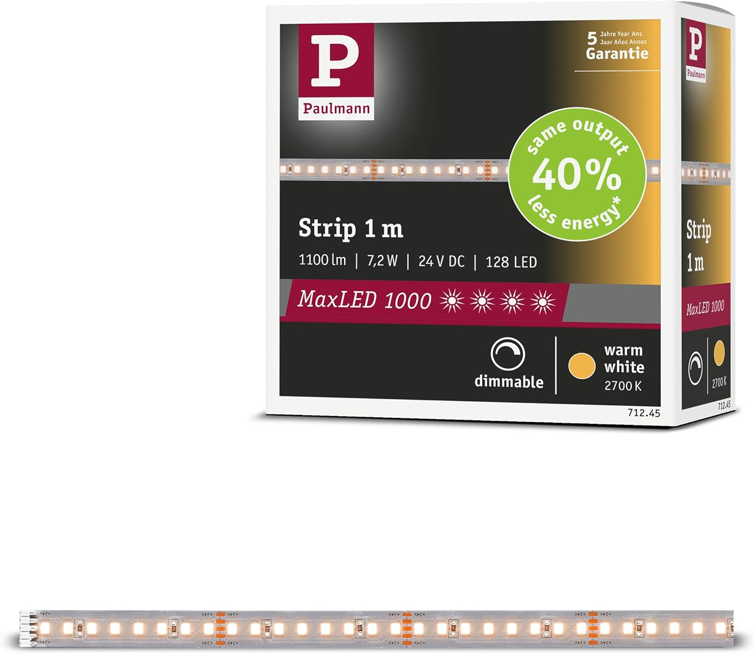 Paulmann 71245 Maxled 1000 LED Strip Warm White Individual Strip 1M 7,2W 1100Lm/M 128 Leds/M 2700K image number 3