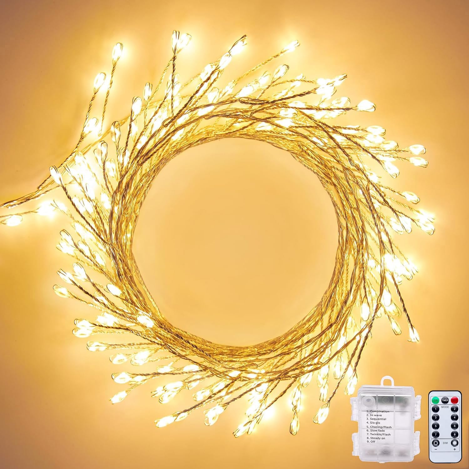 LED String Lights, Battery Powered Fairy Lights, 19.7FT 200LED Firecracker String Lights, Silver Wire Led Firefly Lights for DIY Wreath Home Indoor Outdoor Christmas Decoration, Warm White image number 4