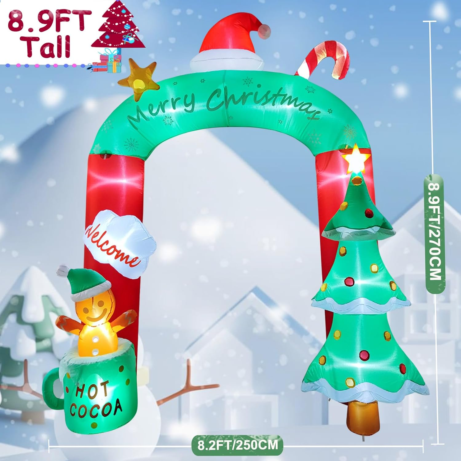 SAILESI 2.7M/8.9FT Christmas Inflatable Archway Outdoor Decoration, Giant Arch Blow up Yard Decor with Christmas Tree, Snowman,Red Hat,Candy Cane, LED Lighted Decor for Xmas Home Garden Lawn Yard image number 3