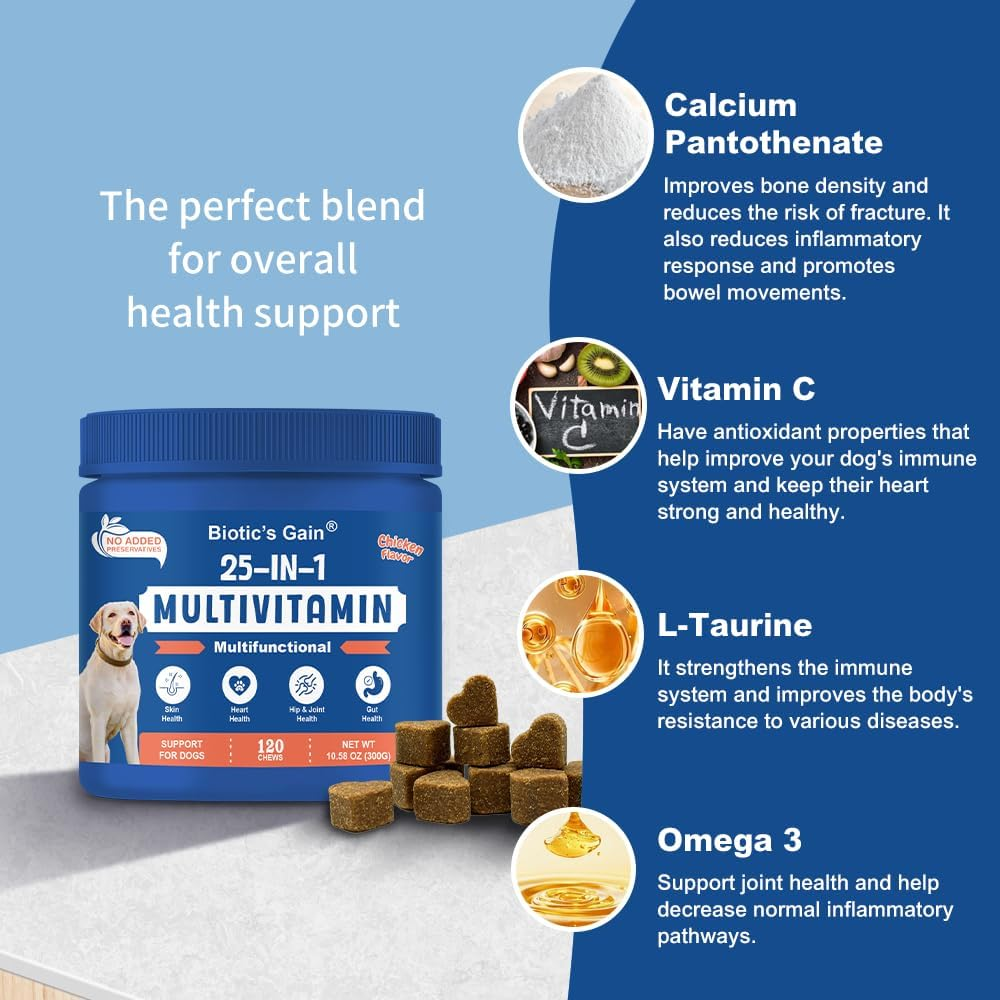 Biotic'S Gain Dog Multivitamins, 25 in 1 Complete Care, 120 Soft Chews, Chicken Flavour