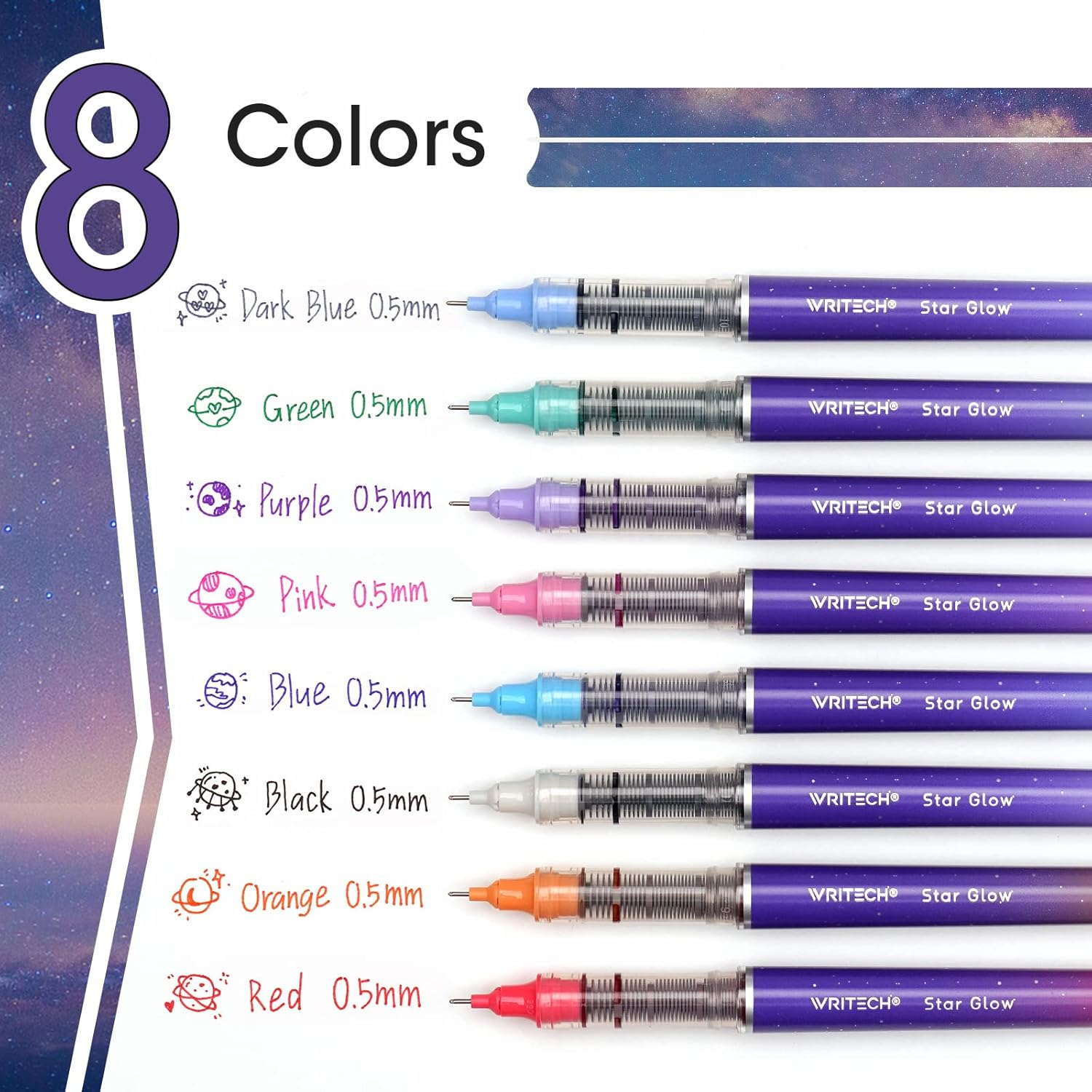 WRITECH Liquid Ink Rollerball Pens: 8Ct Assorted Colors Extra Fine Point Tip 0.5Mm Roller Ball Rolling Pen for Smooth Writing Coloring Drawing Journaling No Bleed & Smear &Smudge (WR-501SG) image number 3