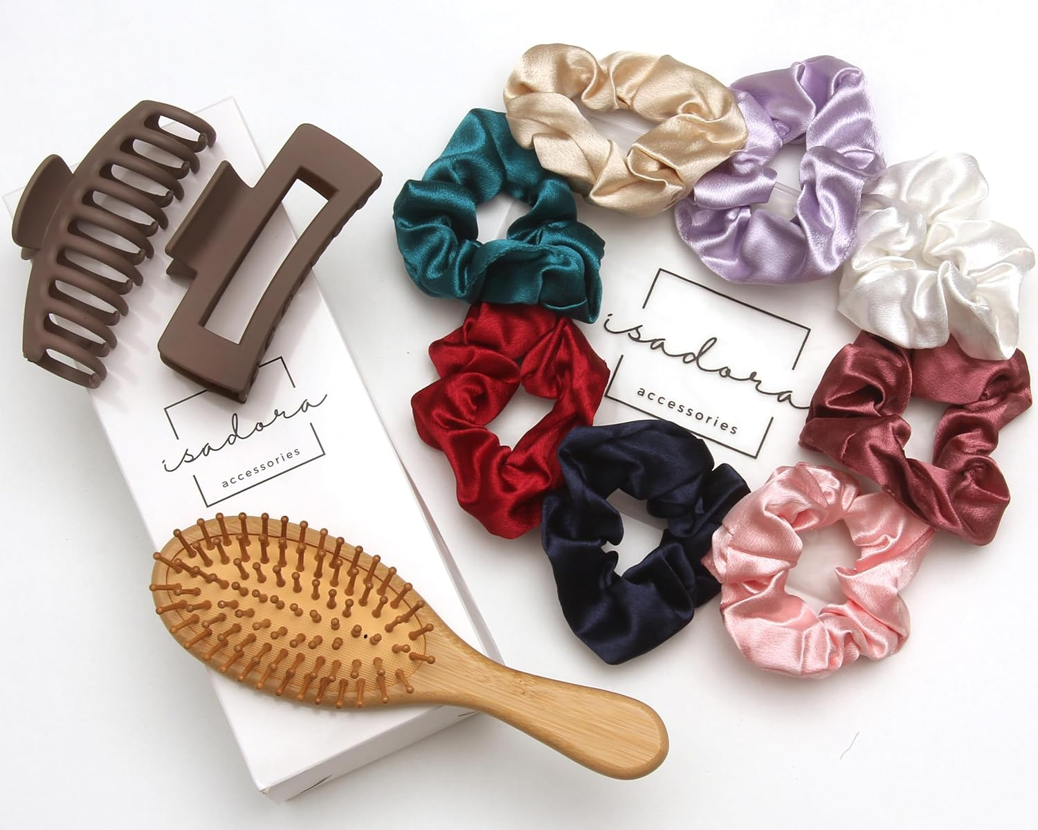 Hair Styling Set Bamboo Brushes 2 Clips 8 Silk Scrunchies in Assorted Colours image number 6