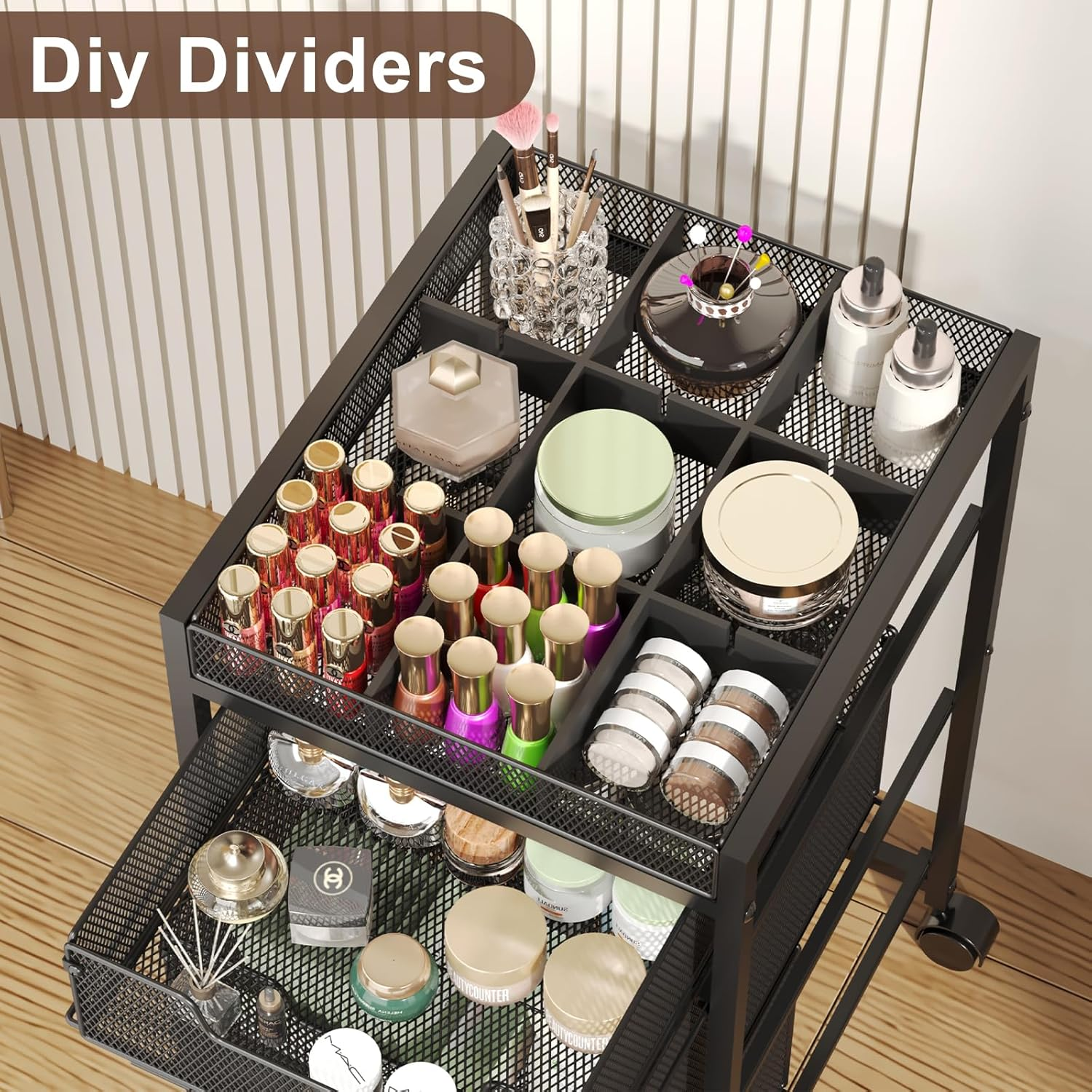 5-Tier Rolling Makeup Cart Organizer with 4 Drawers, Cosmetics Display with Dividers, Floor Skincare Storage with Wheels, Versatile Vanity Organizer for Nail Polish Perfume Brush Hair Tool, Black image number 4