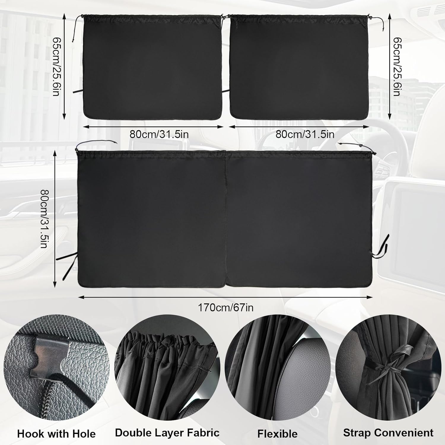 Car Divider Curtain Sun Shade,Set of 3 Car Privacy Curtains 1 Rear Seat & 2 Side Windows,Detachable Car Front Rear Seat Privacy Divider Curtains for Baby Feeding Sleeping Camping Travel image number 3