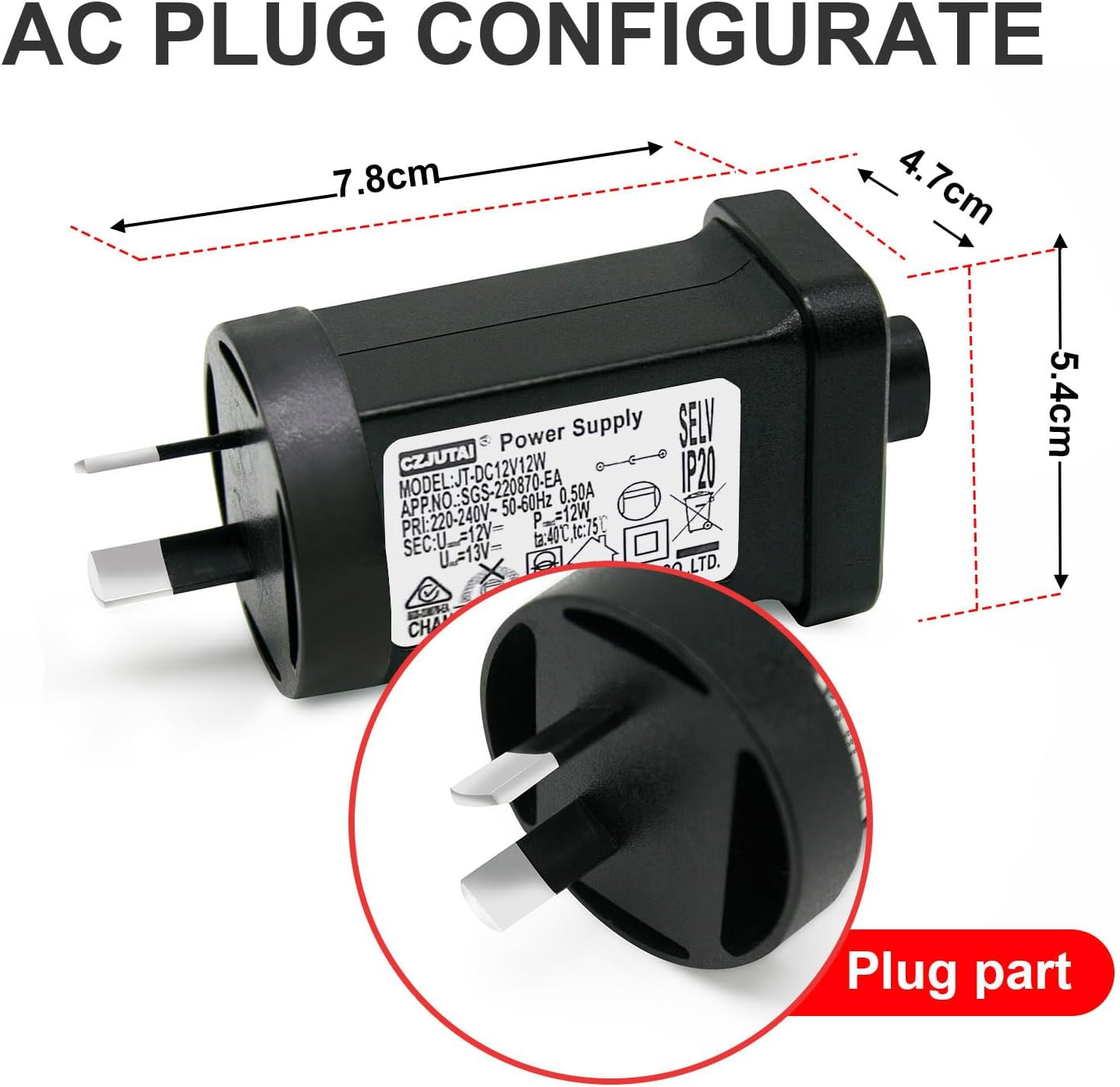 Premieradapter Power Supply Adapter for CZJUTAI JT-DC12V12W /9W /7.2W /6W /4.5W /3.6W, 12V 1A, 12W, AU 2PIN, Compatible with Low Voltage LED Devices image number 6