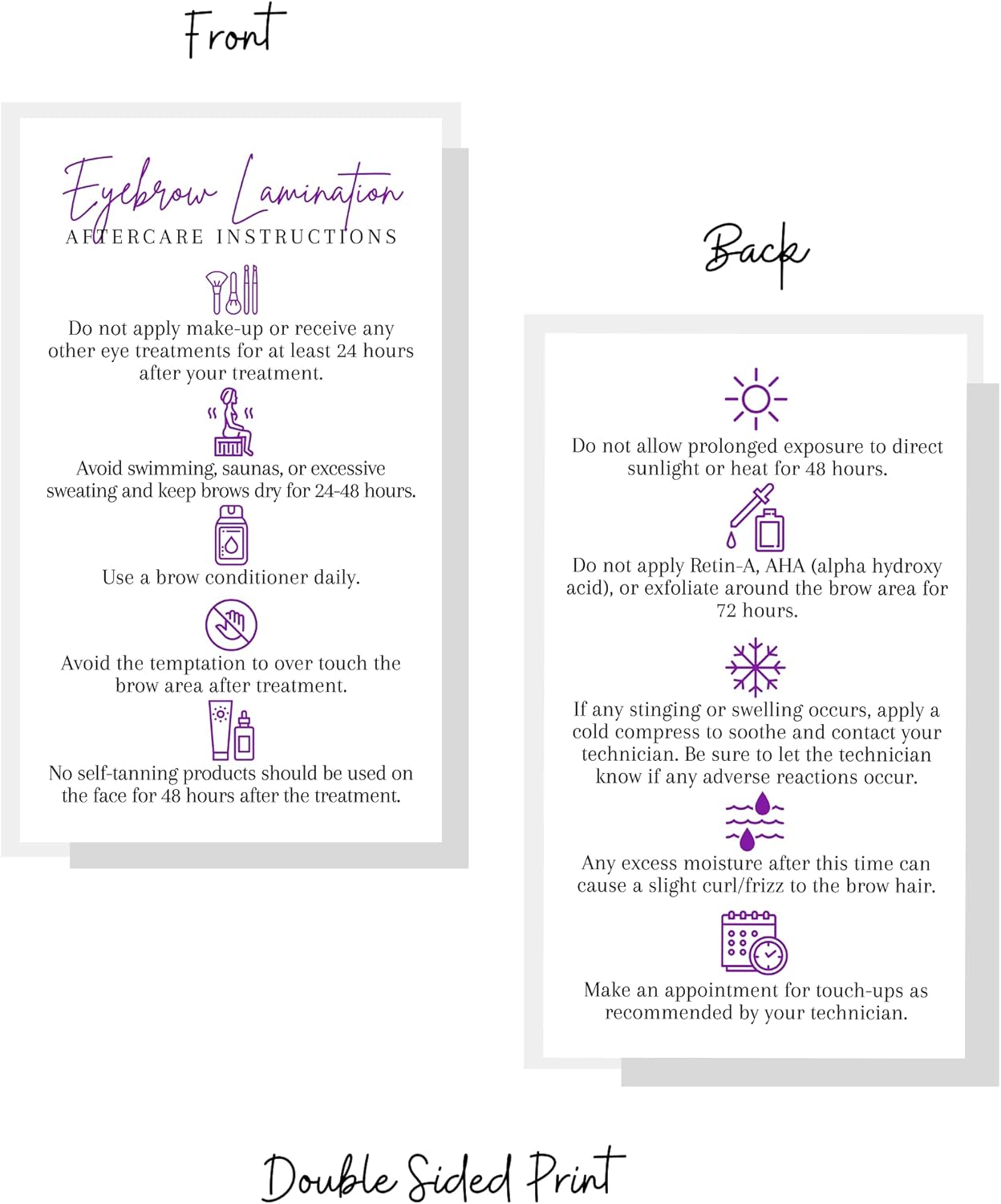 Brow Lamination Aftercare Card | 50 Pack | 2X3.5&rdquo; Inches Business Card Size | Starter Lift Kit at Home DIY Brow Lift and Tint | Snatched Brows White with Purple Design image number 1