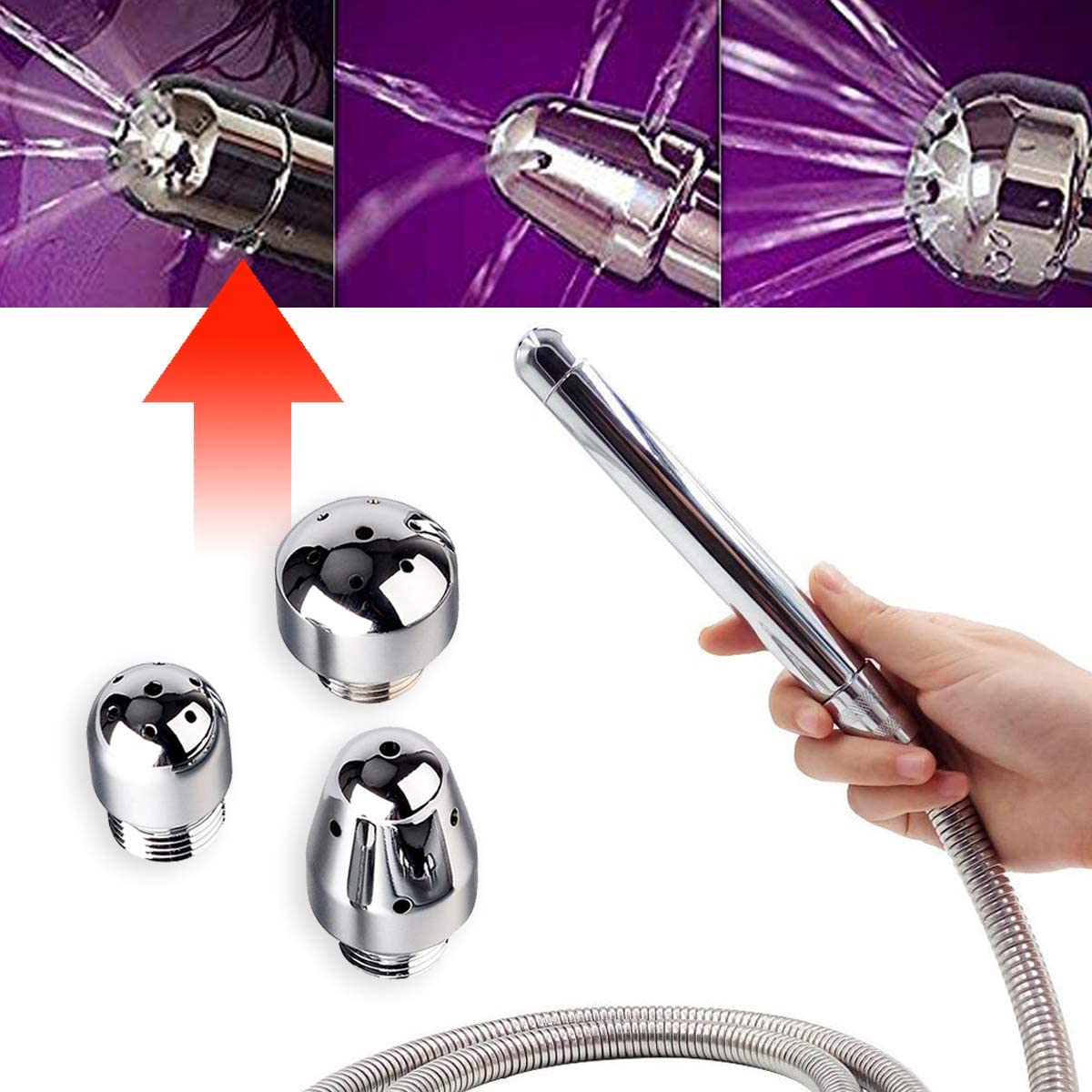 Enema Shower with 3 Heads Aluminum for Cleansing Colonic Douche System + Water Tank Hook (Silver) image number 2