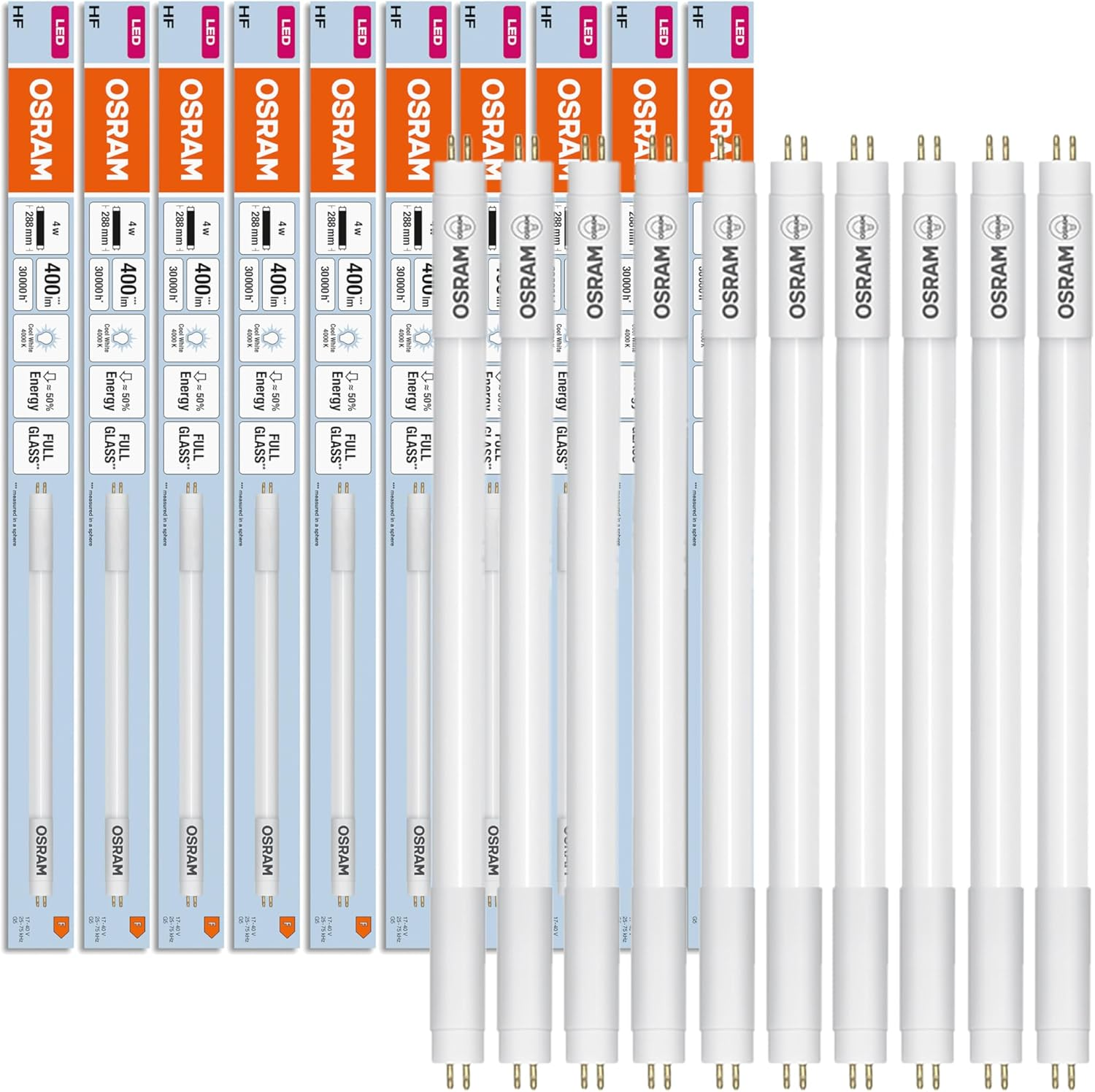 OSRAM LED TUBE T5 HF L8 SHORT 288Mm Linear LED Tube, 4W, 380Lm, 3000K, Warm White Light, LED Replacement for Classic T5 Fluorescent Tubes with G5 Socket, Long Life, Energy Saving, Pack of 10